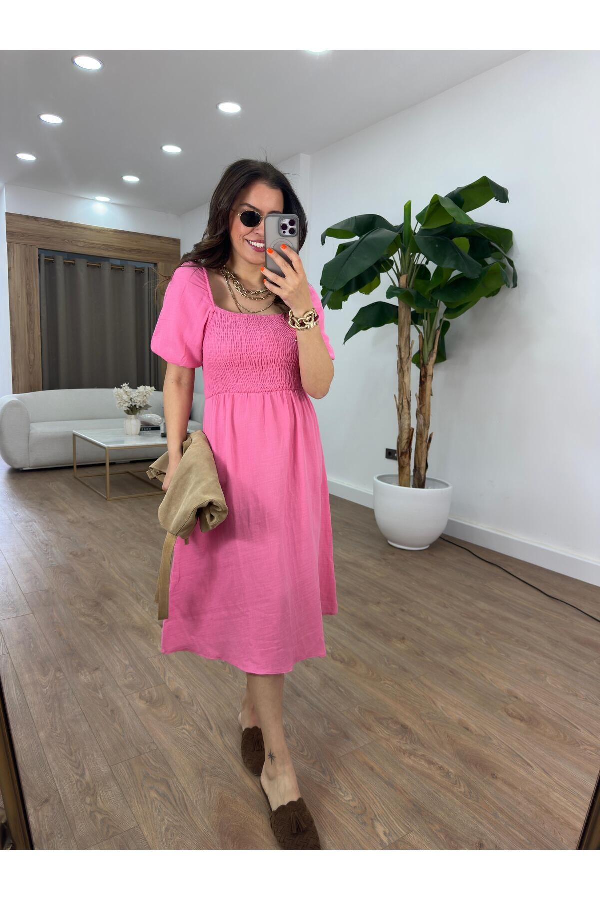 2she Gipeli Balon Kol Midi Elbise - Pembe