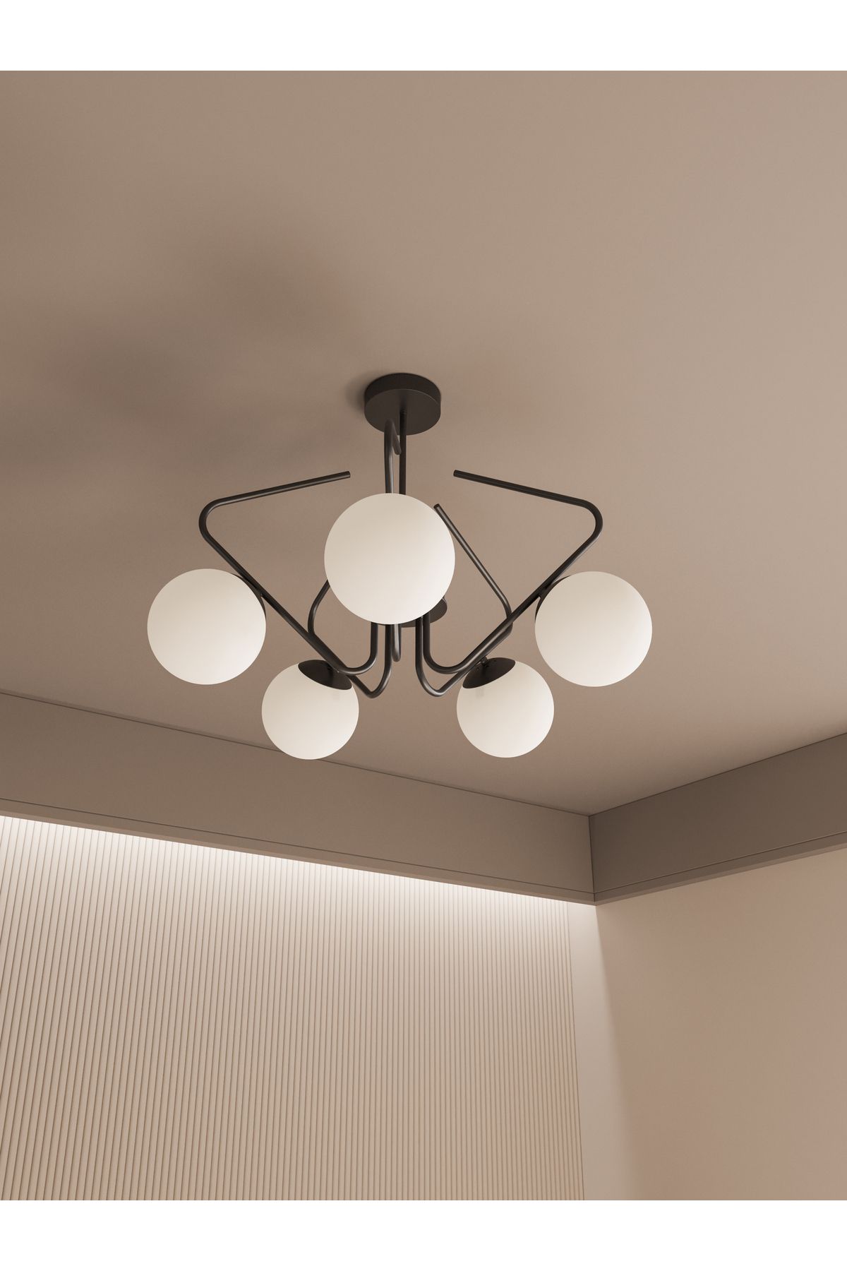avizade Cam Küre Başlıklı Modern 5'li Avize – Salon ve Oturma Odası İçin