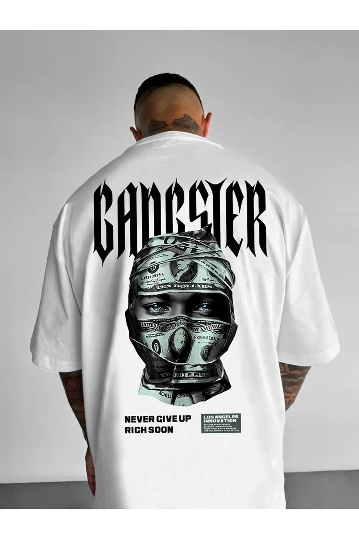 LAND MODA Erkekler için Sokak Giyimi Grafikli Tişört - Cesur "Gangster" ve "Asla Pes Etme" Baskıları