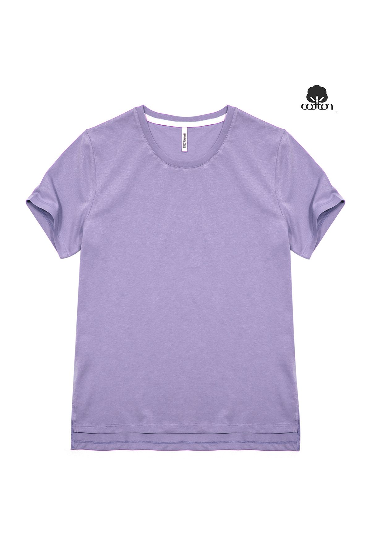 Cottonland Kadın LULU Normal Kesim Kısa Kol O Yaka Yırtmaçlı Penye Pamuk T-Shirt LİLA