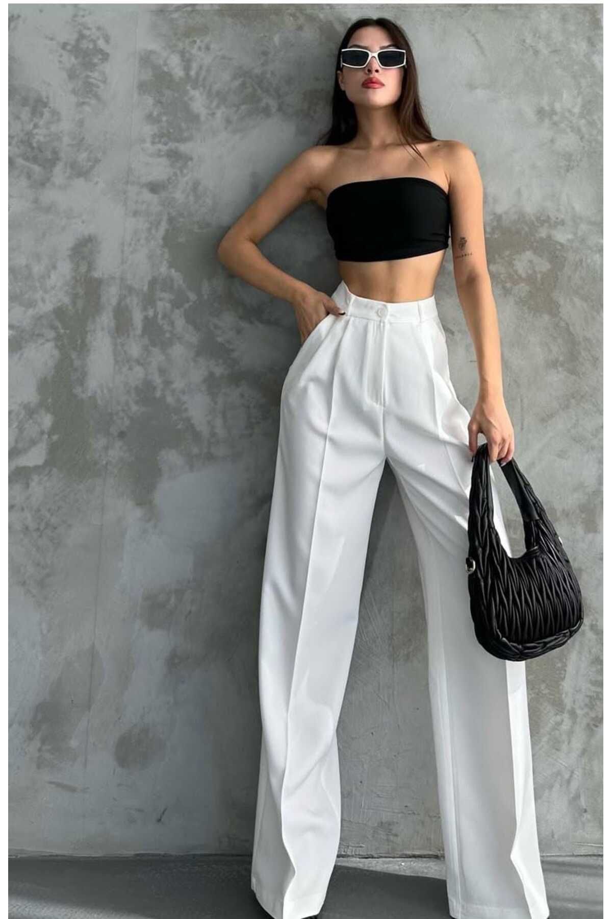 Fua Shop Kadın Palazzo Pileli Bol Paça Beyaz Pantalon