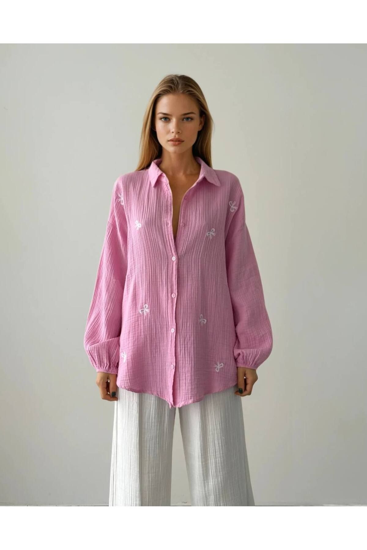 studio fashion 1988 Kadın Beyaz Premium Fiyonk Kol Lastikli %100 Müslin Pamuk Gömlek