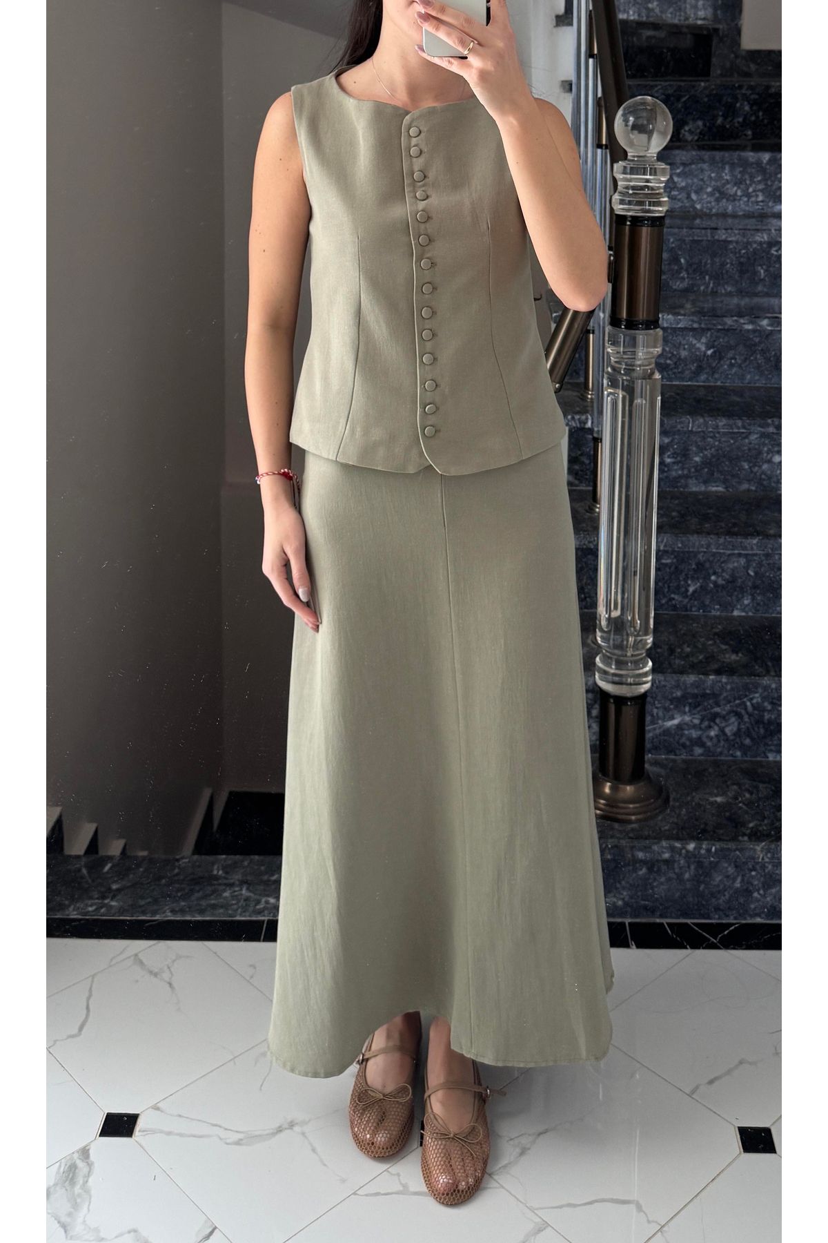 studio fashion 1988 Kadın Haki Premium %100 Pamuk Yelek ve Etek Takım