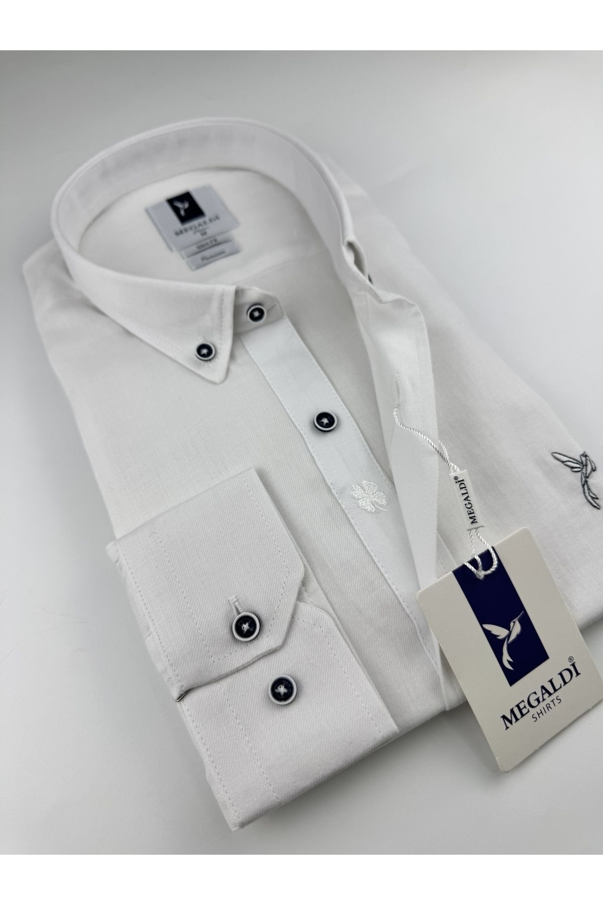 MEGALDİ Erkek Slim Fit Kesim Tansel Beyaz Uzun Kollu Gömlek