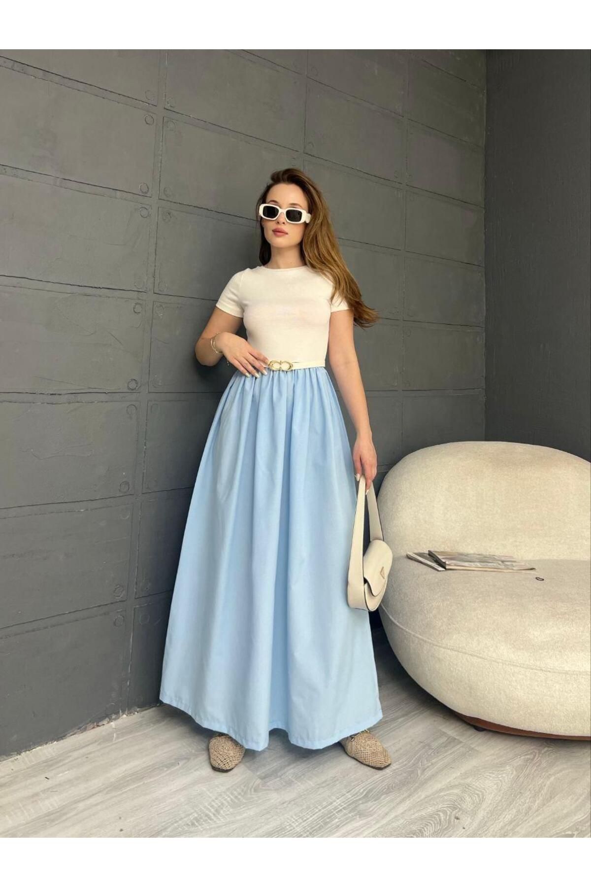 Moda Palmiss Kadın Bebe Mavisi İkili Görünümlü Kemer Detaylı Elbise