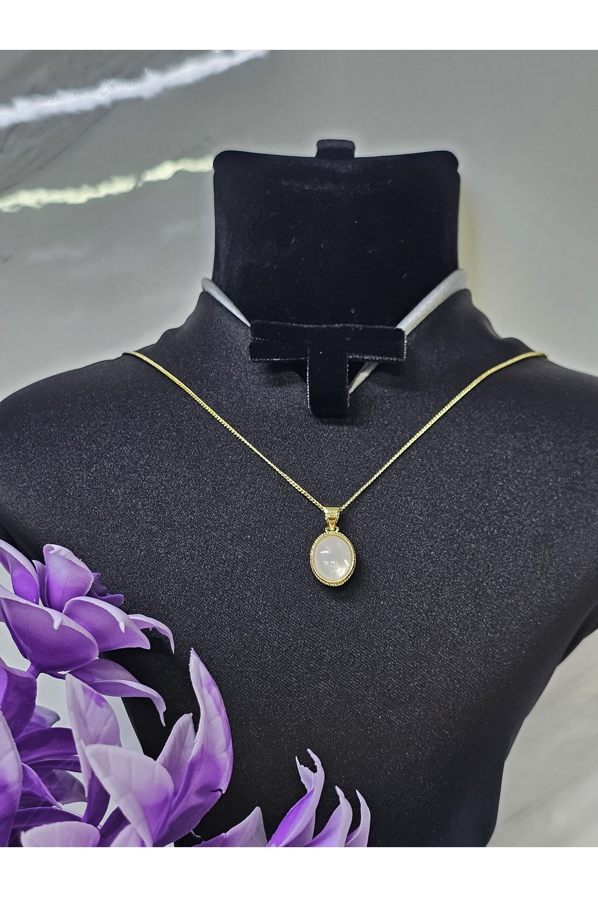 MODA Sedefli yuvarlak doğal taşlı tasarım Çelik kolye