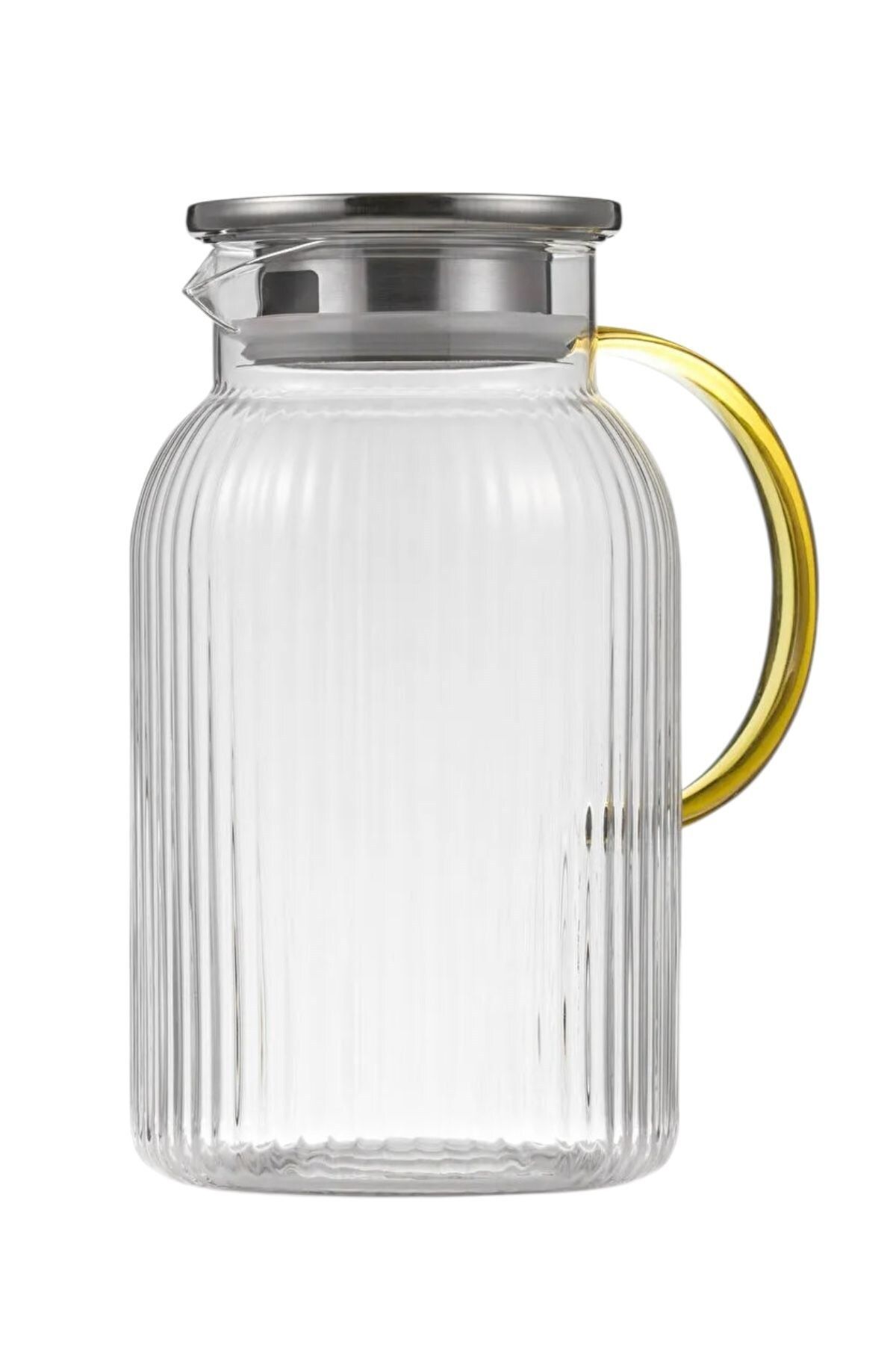 Qerhome Borosilikat Cam Çizgili Sürahi Gold Saplı Metal Kapaklı 1500 ml