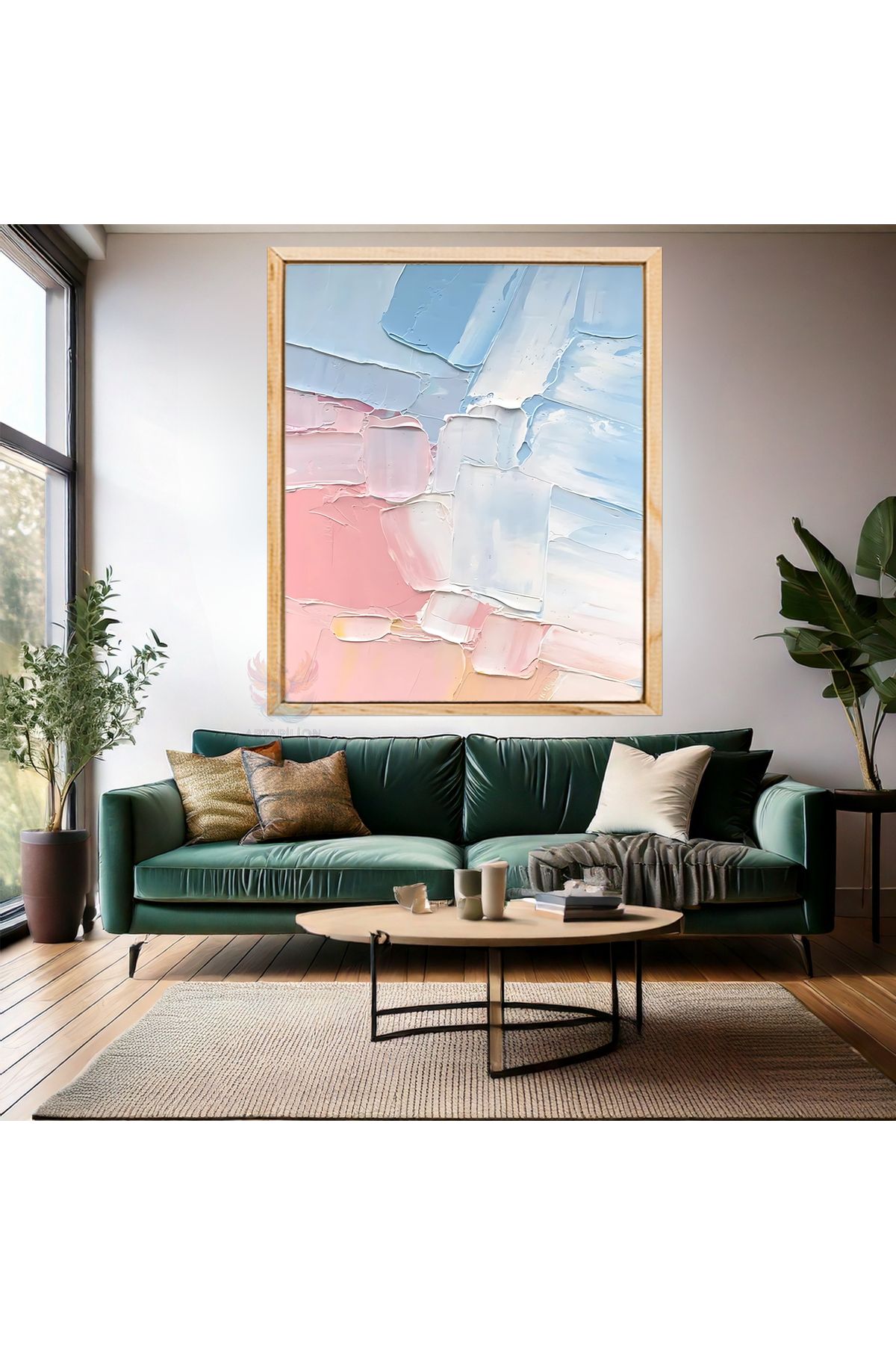 Artarilion Ahşap Çerçeveli MDF Duvar Tablosu Pembe ve Mavi Sade Tasarım Tablo Modern Tasarım Salon Tablosu