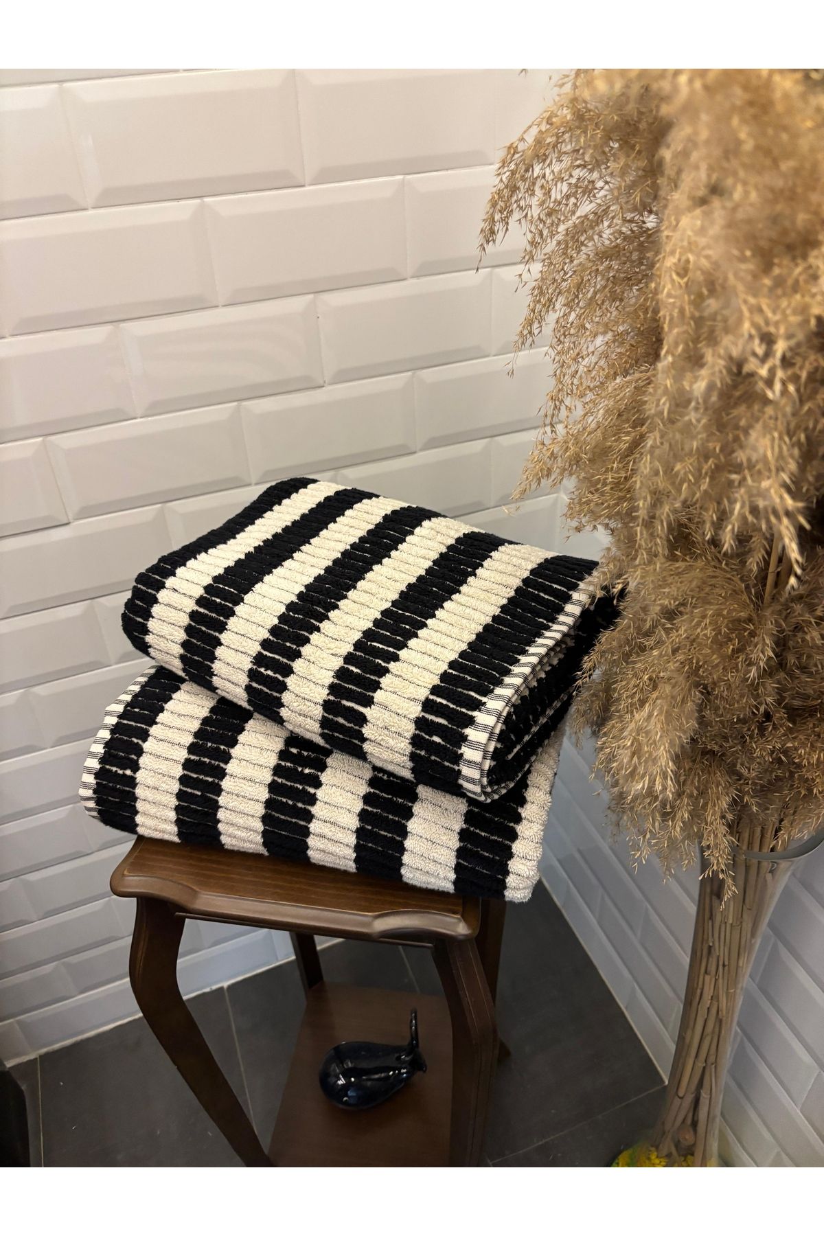 Explore Home , Çizgili Cotton Banyo Havlusu - Siyah-Beyaz (Lif Hediyeli)