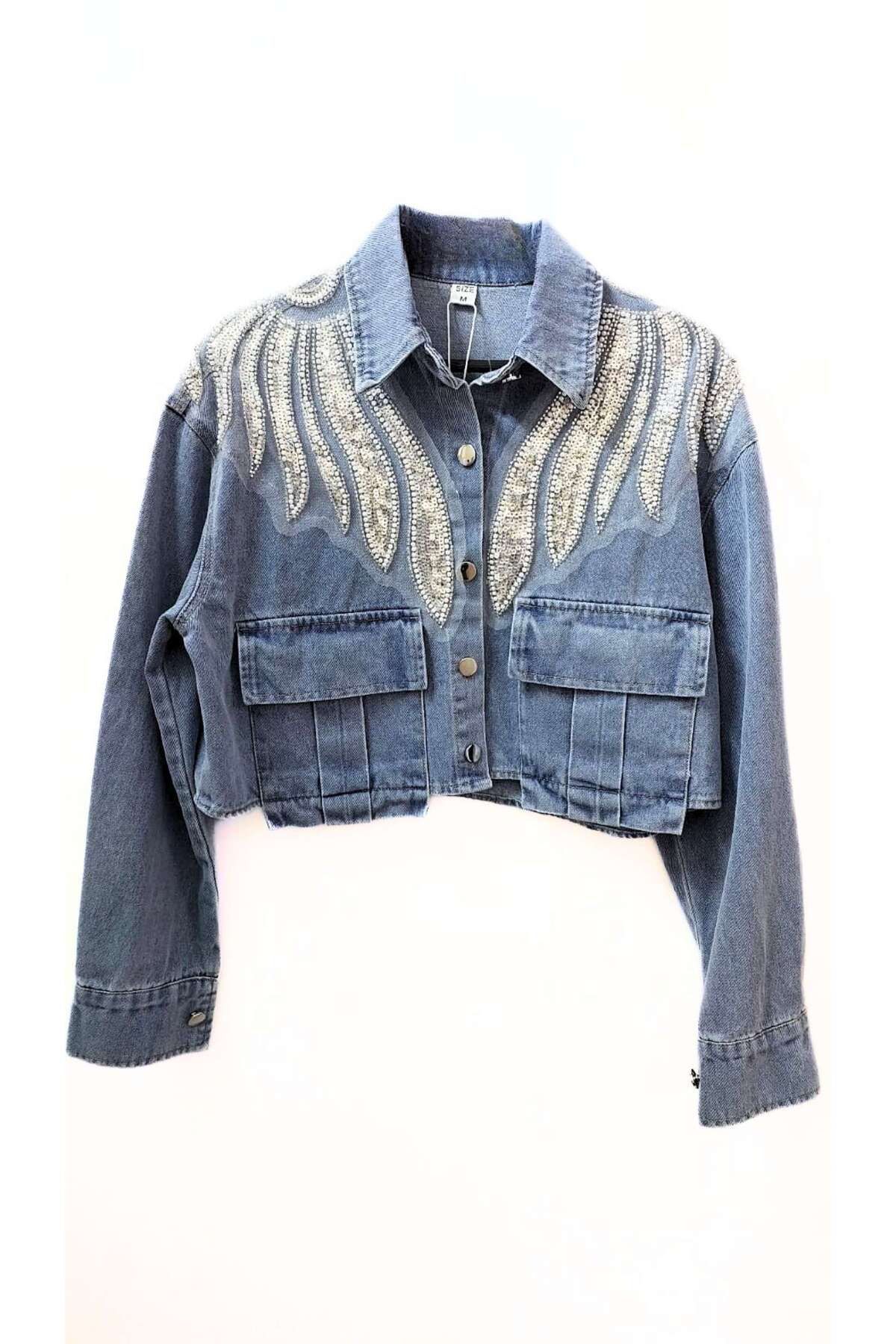 STLB Dalgalı Payet İşlemeli Kısa Denim Mont