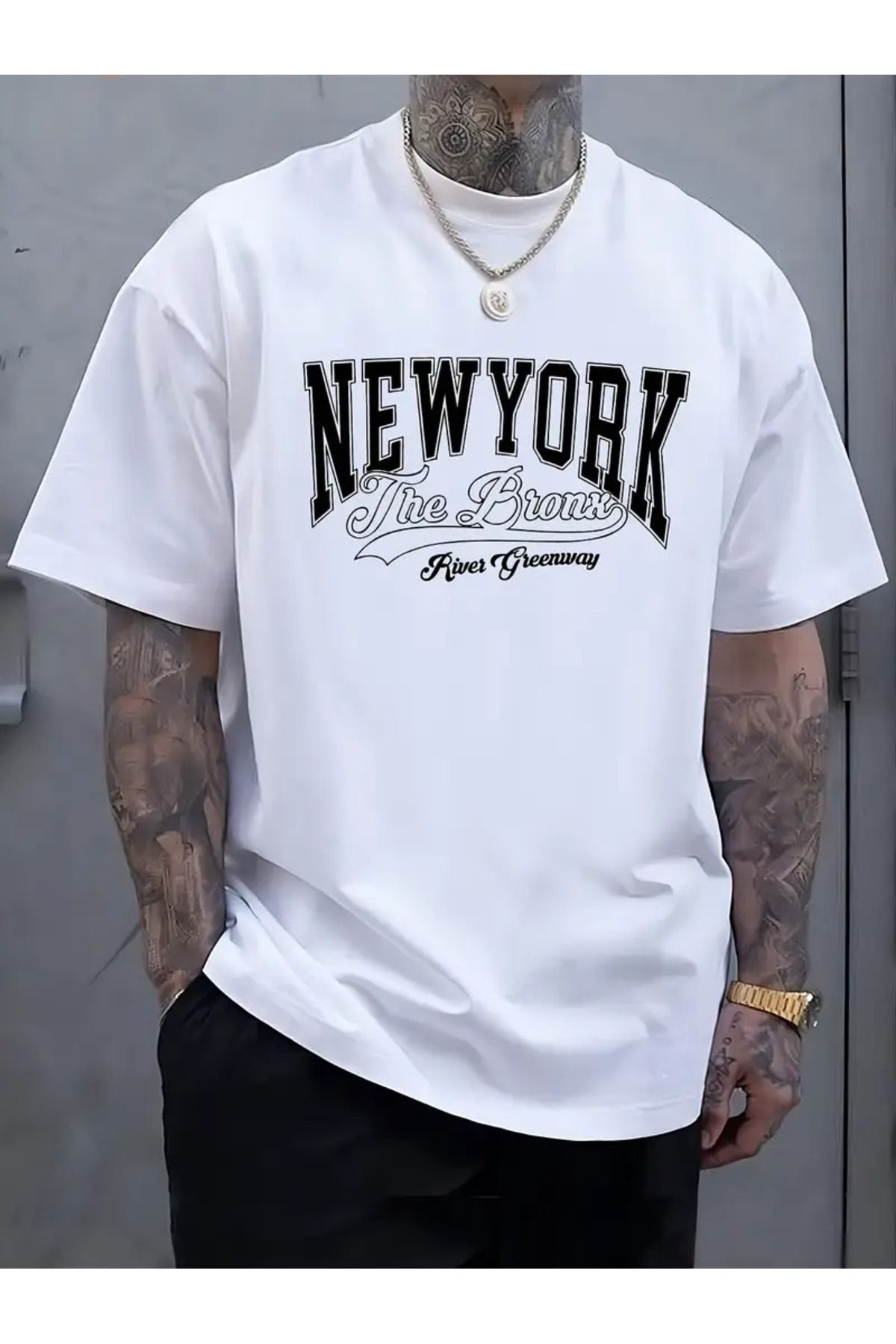 LAND MODA Erkekler İçin Büyük Beden Pamuklu Tişört - New York Harf Baskılı, Dış Mekan