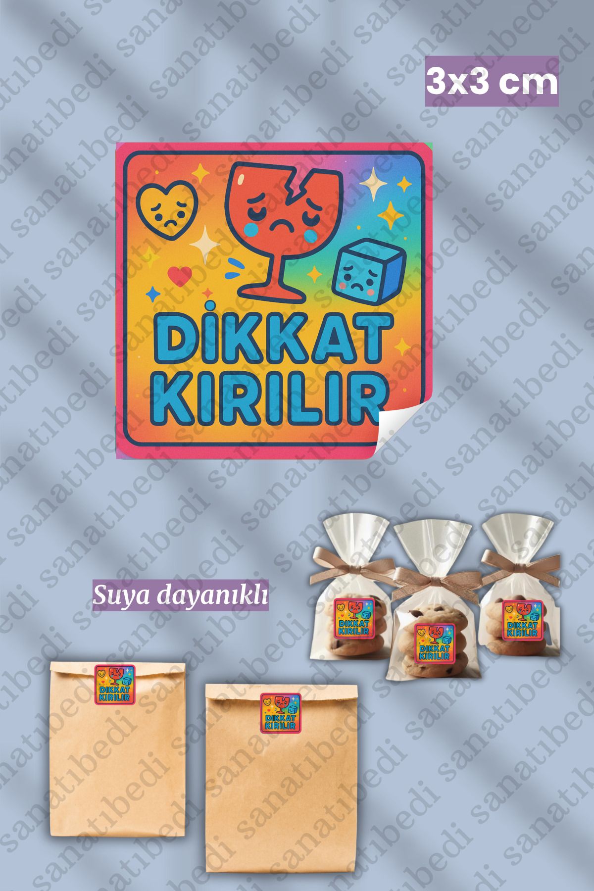 sanatıbedi 50 Adet Dikkat Kırılır Sticker - Kargo Paketleme Ambalaj Ürün Etiketi 3x3 cm