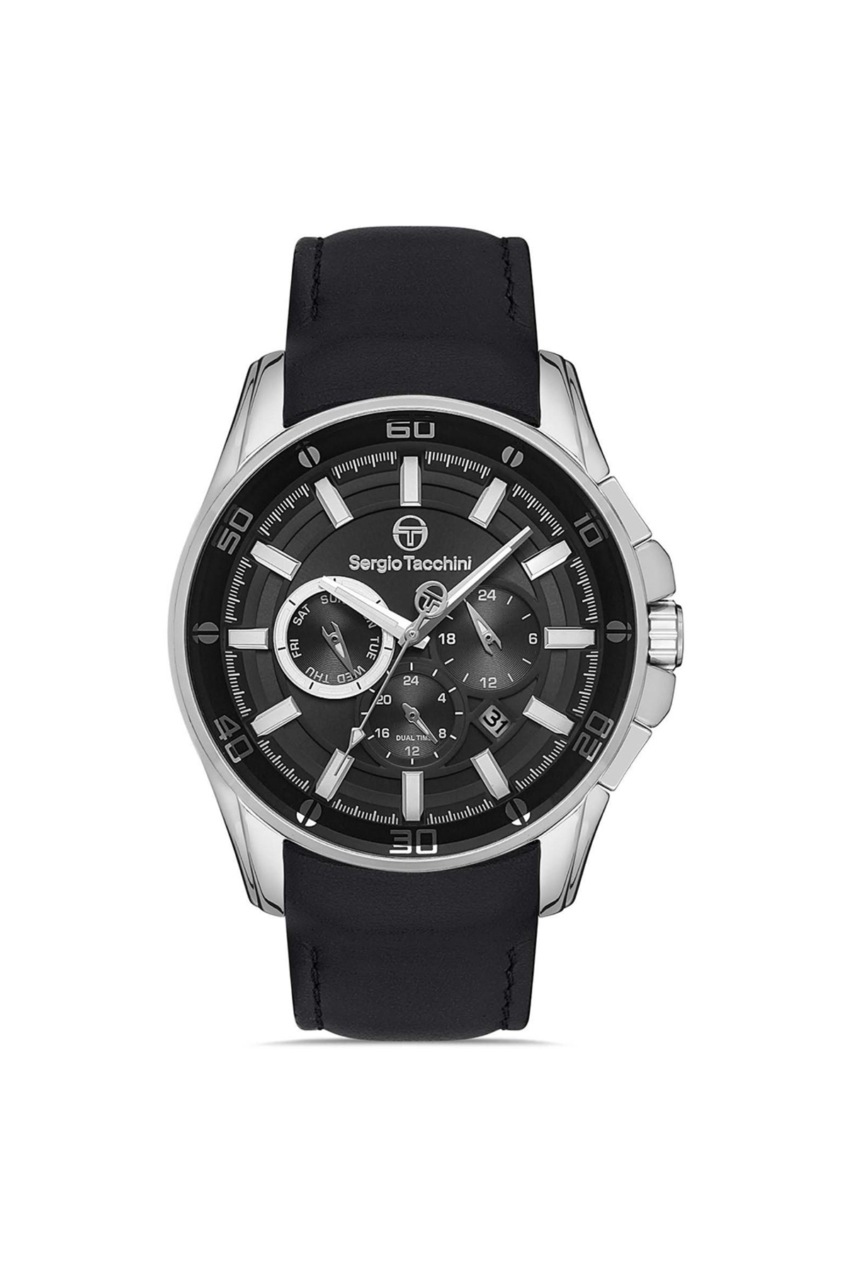 ساعت مچی مردانه با قاب فولادی نقره‌ای-مشکی، صفحه گرد، بند چرمی، موتور کوارتز و نمایشگر آنالوگ، اندازه متوسط