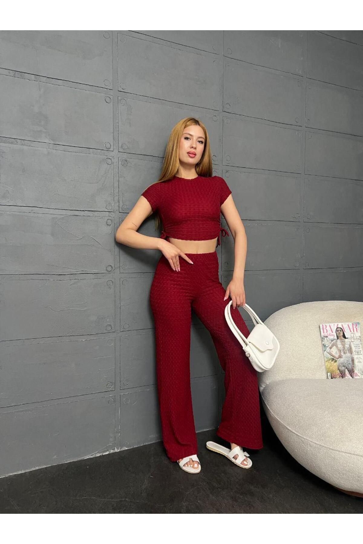 Moda Palmiss Kadın Bordo Kısa Kollu Büzgü Detaylı Crop & Bol Paça Takım