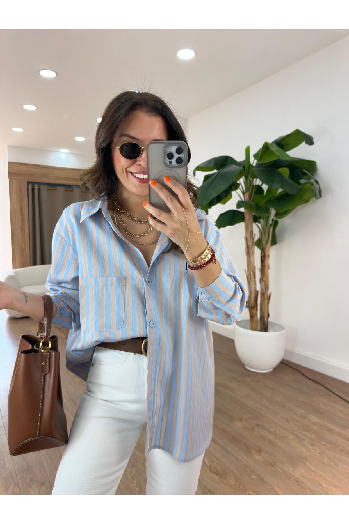2she Çizgili Oversize Gömlek - Mavi