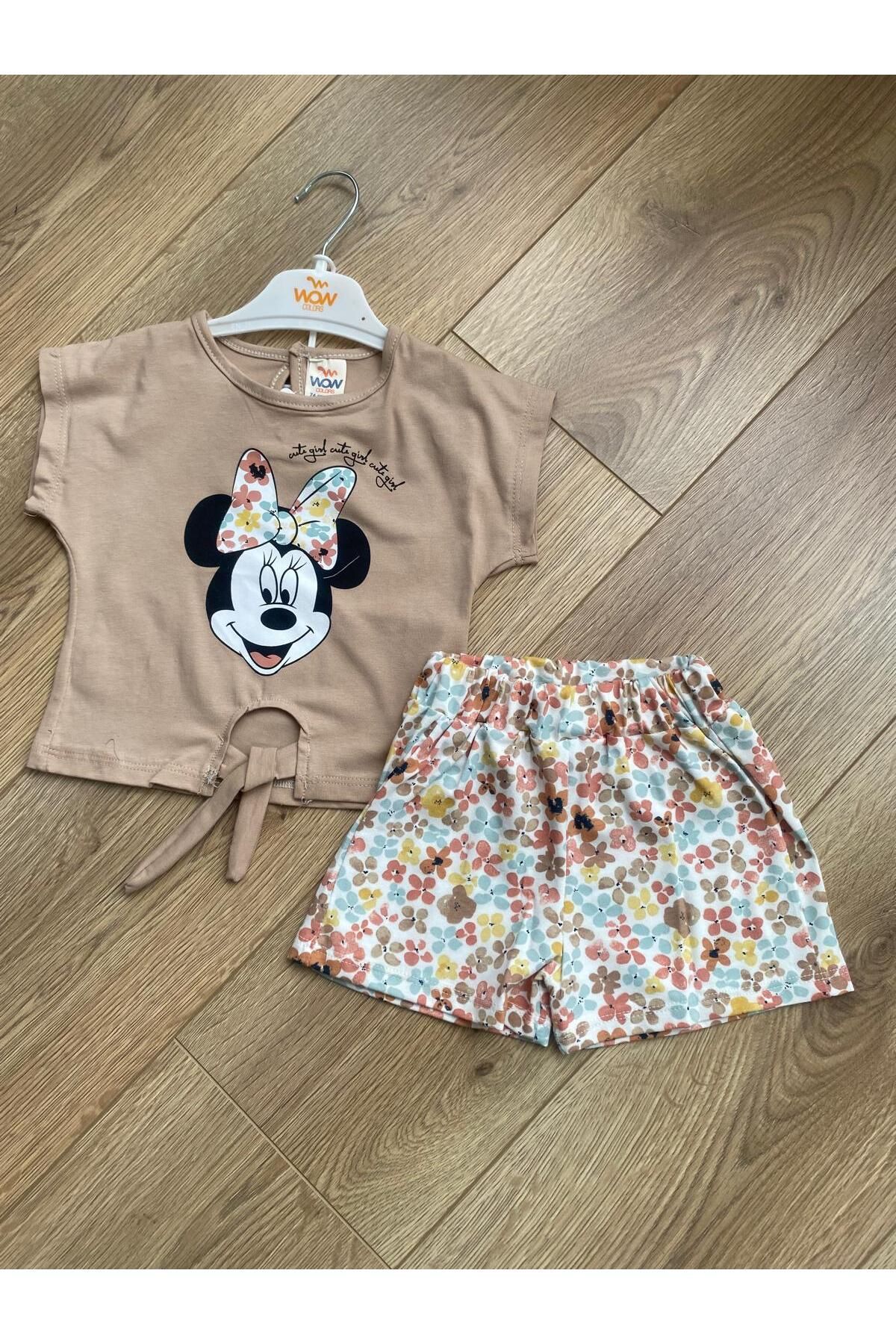 LionKids LİONKİDS KIZ ÇOBUK BAGCIKLI MİCKEY MAUSE ŞIK ÇITIR ÇİÇEKLİ ŞORTLU TAKIM