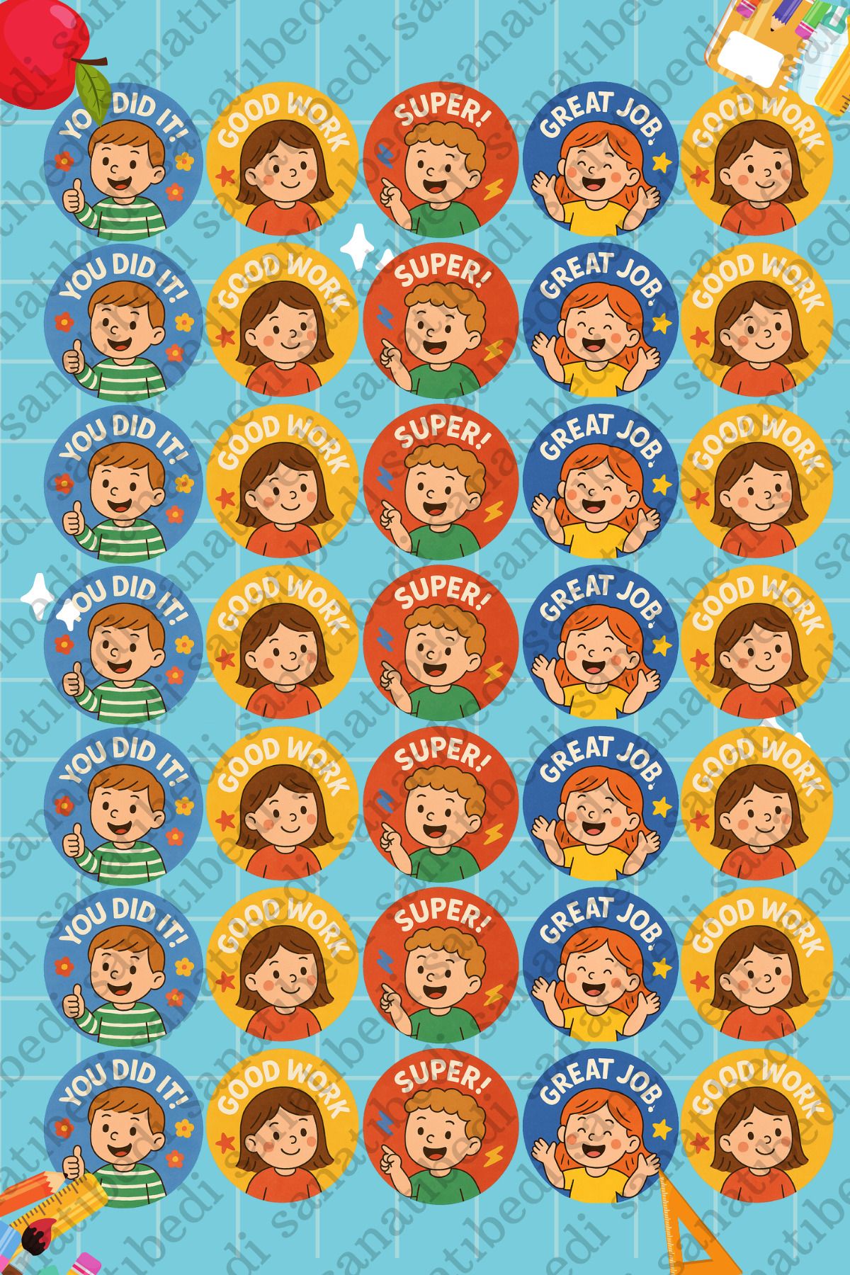 sanatıbedi 100 Adet İngilizce Öğretmenler için Okul Etiketi - Karne Okul Öğrenci Motivasyon Ödev Sticker 3x3 cm