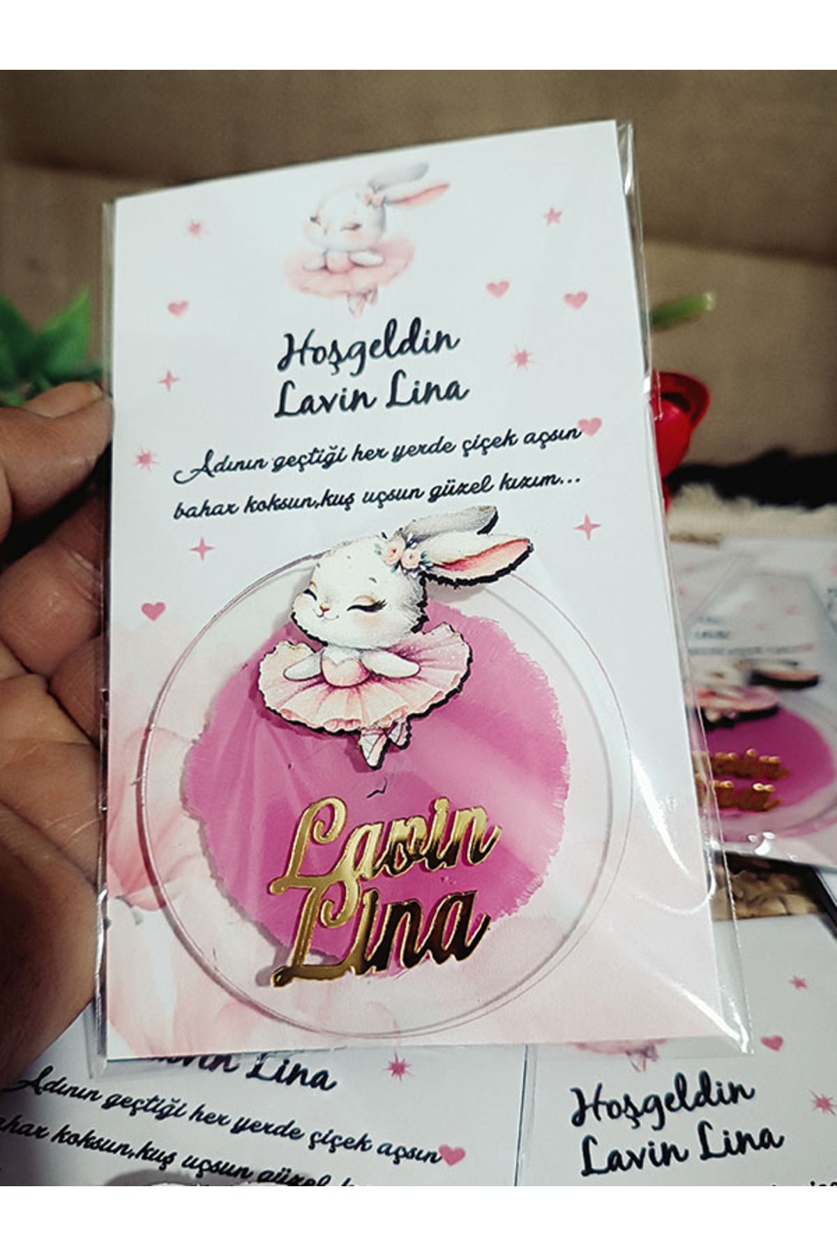 Elzem Ahşap Pembe Boyalı Tavşan Figürlü Kartlı Peleksi Magnet 20 Adet