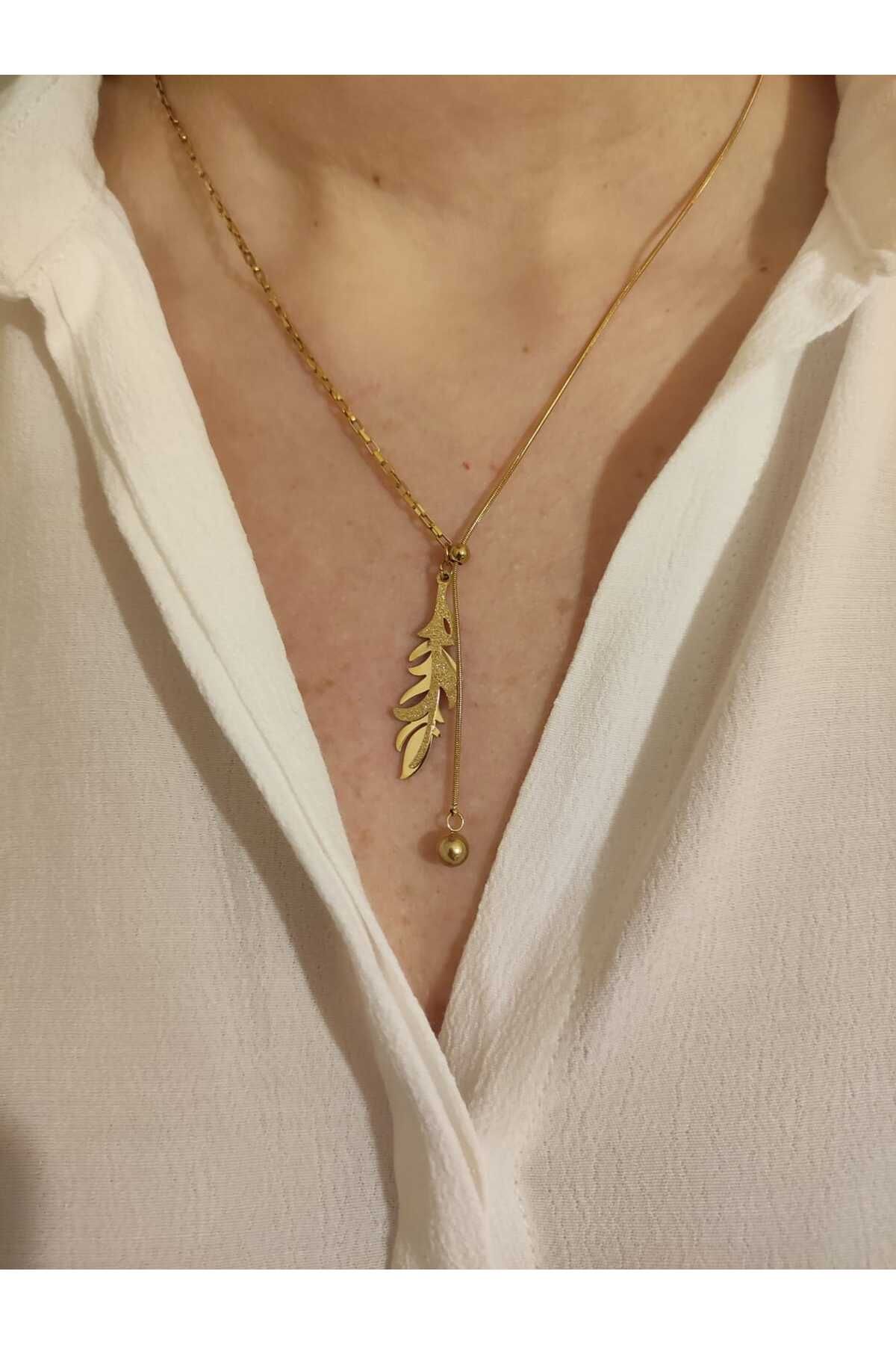 MoS JEWELLERY Gold Renk Yaprak Figürlü Asansörlü Kolye - Paslanmaz Çelik