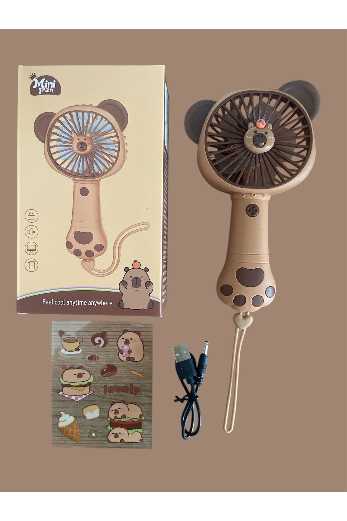 synshop Capybara Kapibara Şarjlı Etiket Stickerlı Usb Mini El Fanı Vantilatör Soğutucu Y2k Kpop Hediye