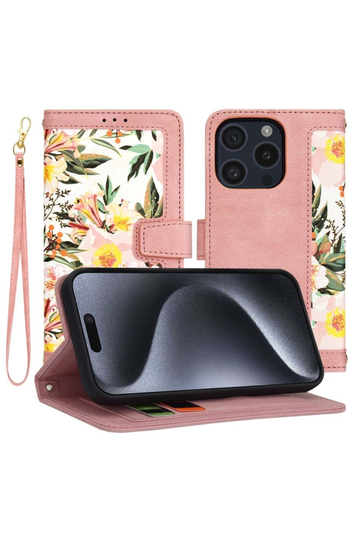 SKYDDAR INNOVATION Husă Pentru Iphone 15 Pro, Portofel Floral, Din Piele Ecologică, Buzunare Pentru Carduri, Roz, Set Stickere - One Size
