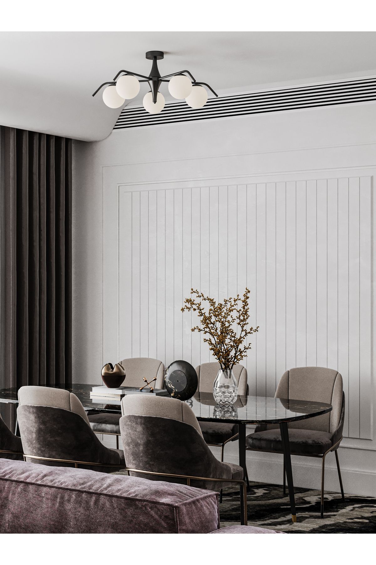 avizade Modern 5’li Küre Avize Siyah Opal Cam Minimalist Aydınlatma