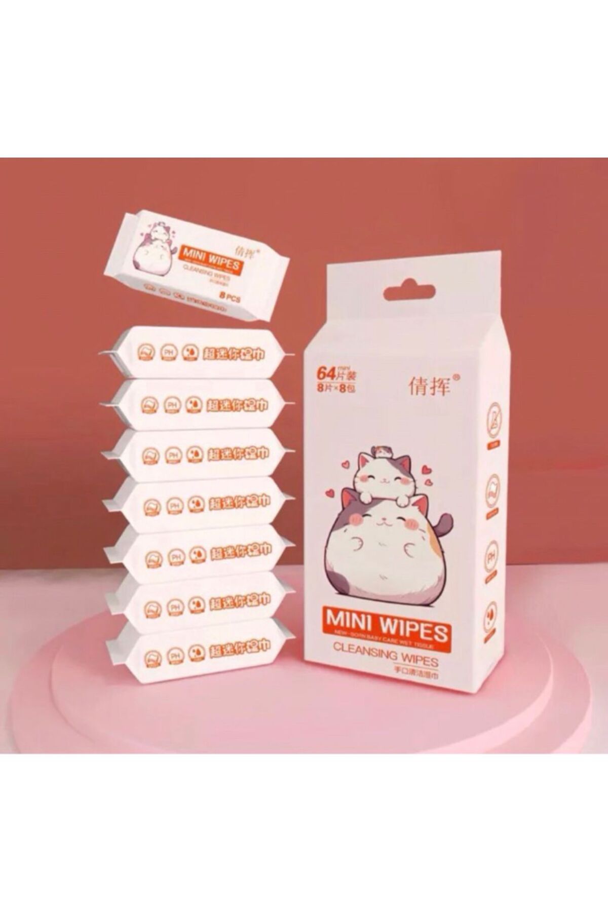Saten Mini Paket Sevimli Tasarımlı Islak Mendil (64’lü - 8 Paket x 8 Yaprak)