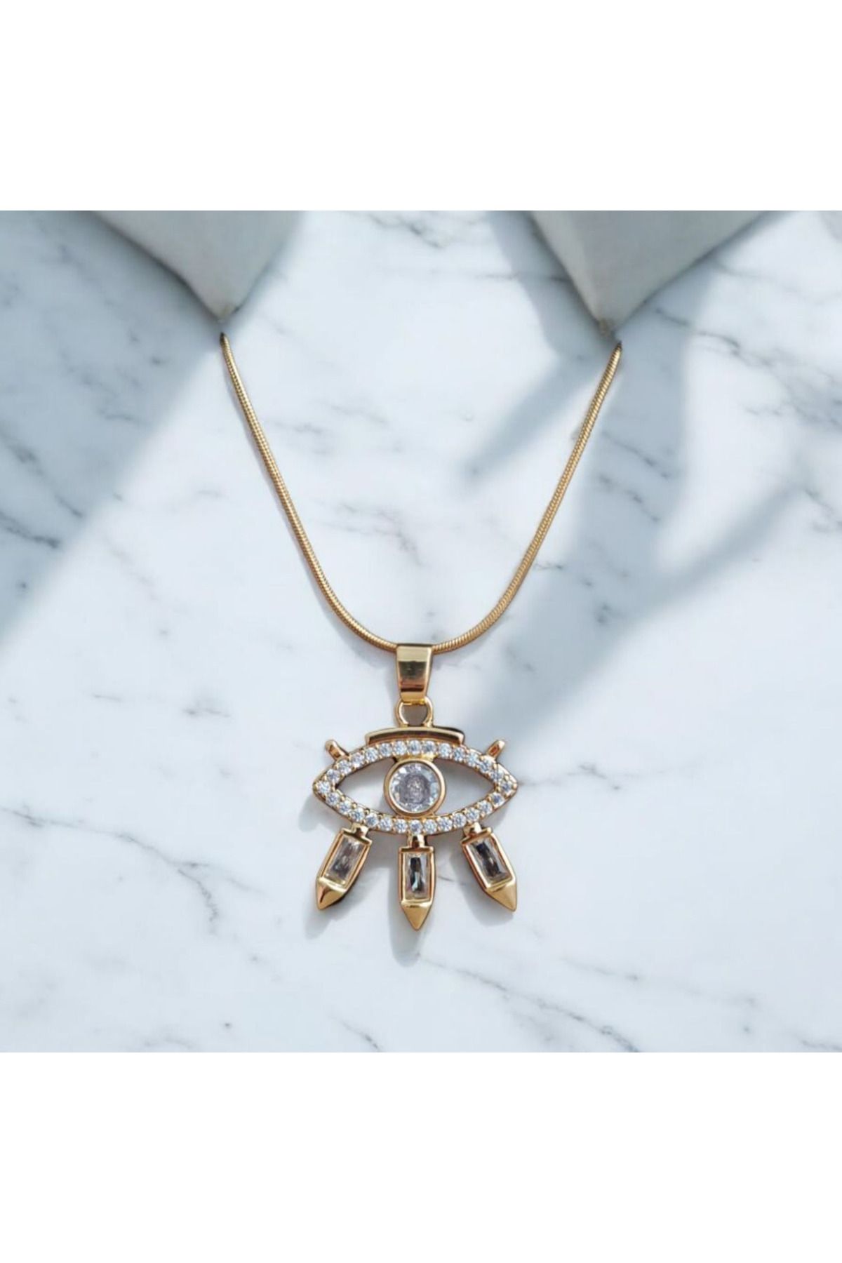 staınless steel RUSECA JEWELRY ZİRKON TAŞ DETAYLI BÜYÜK GÖZ MOTİFLİ KOLYE GOLD