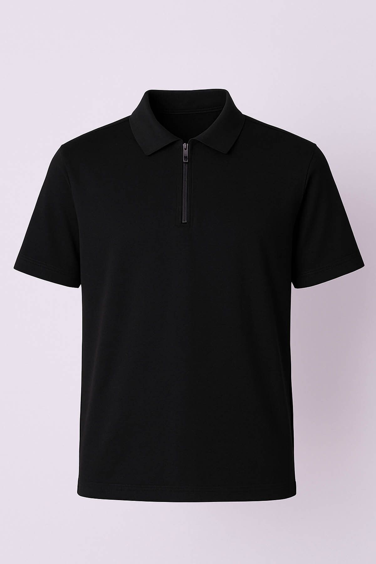 trender Likralı Süprem Yarım Fermuarlı Siyah Erkek Polo Yaka T-shirt 2972