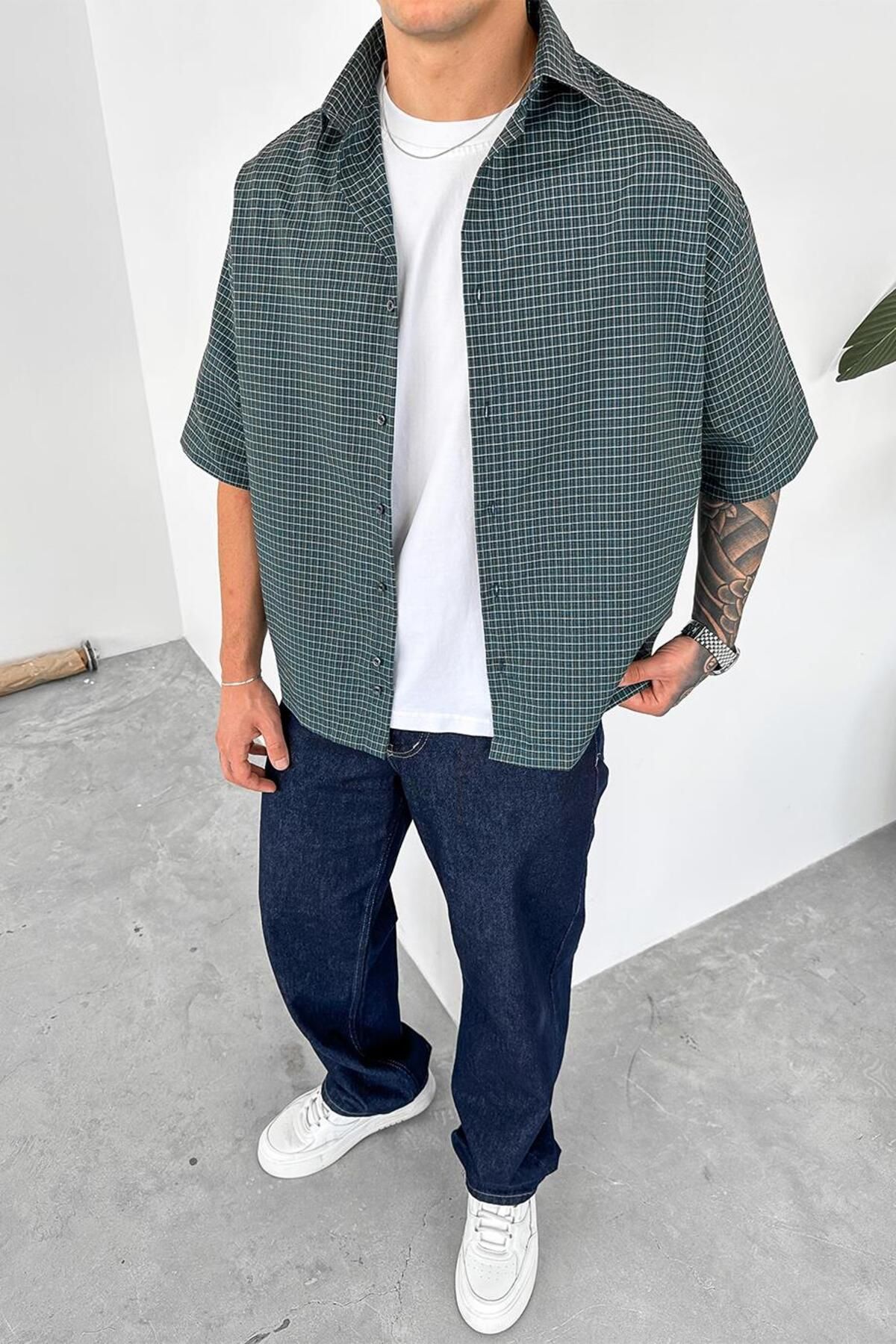 HAFKAGİYİM Yeşil Ekose Desenli Oversize Gömlek