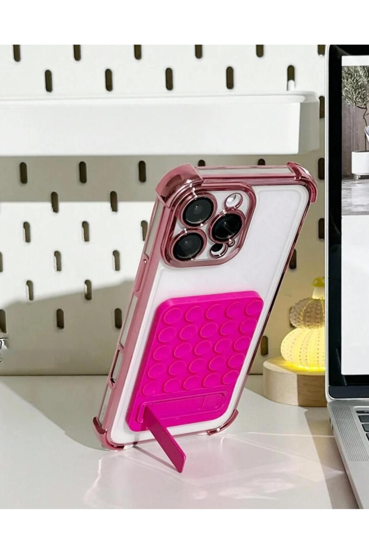 Buççin Pembe Yapışkanlı Telefon Arkası Tutucu Dayanıklı Yapışkanlı Vantuzlu Stand