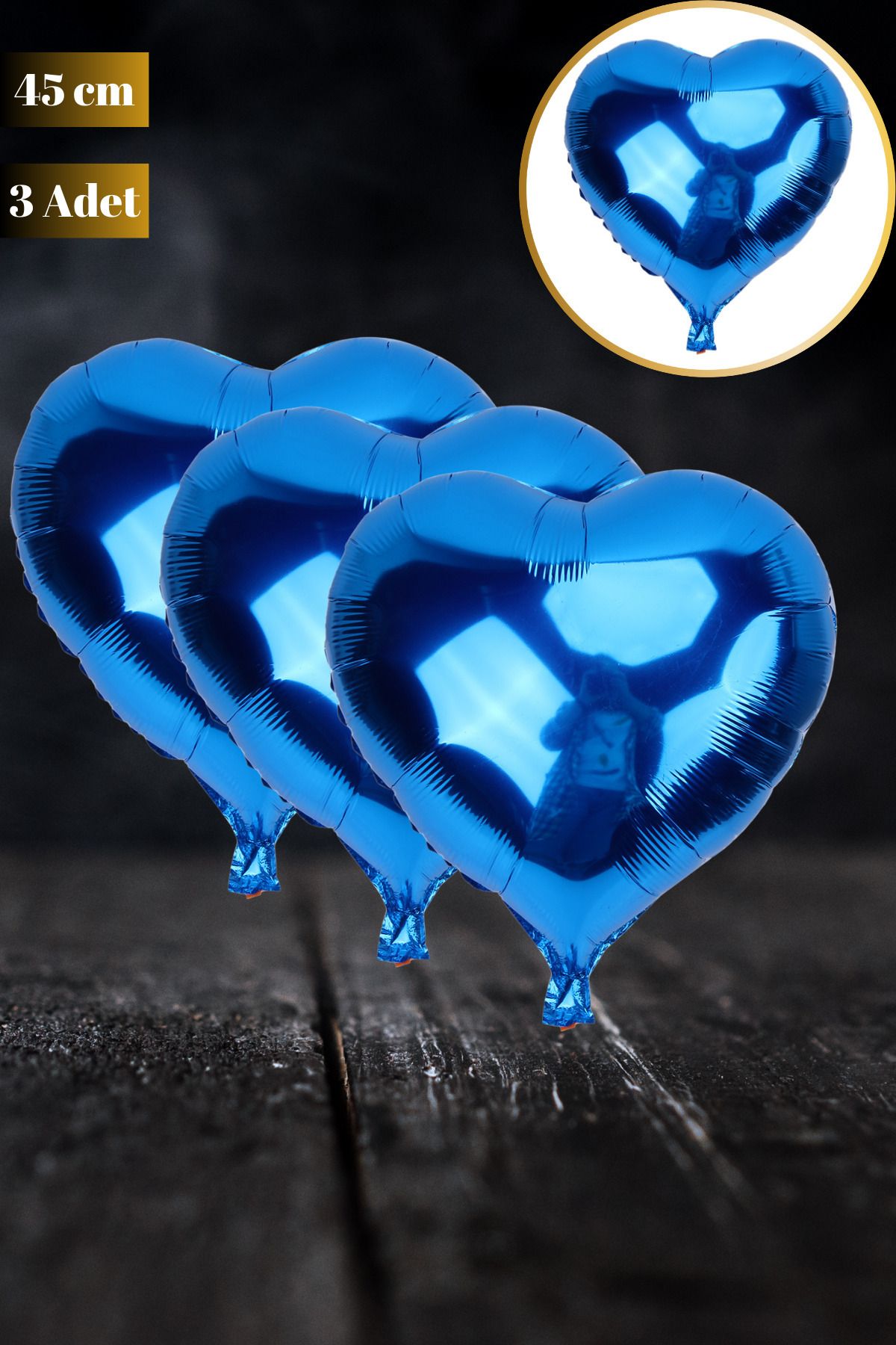 Hane Dostu 3 Adet 45 CM Deoratif Mavi Renk Kalp Tasarım Helyum Uyumlu Folyo Balon