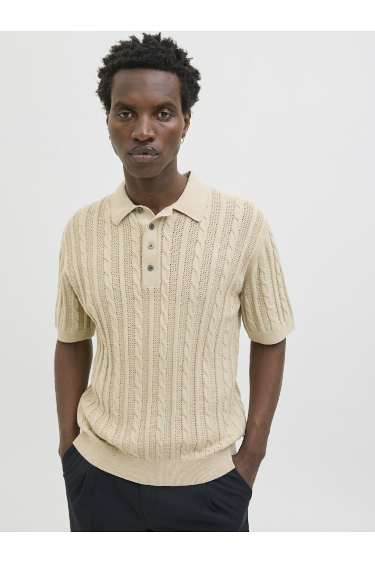 Jack & Jones Erkek Bej Jprblamason Knit Polo Ss Polo Tişört 12277518-Silverlin