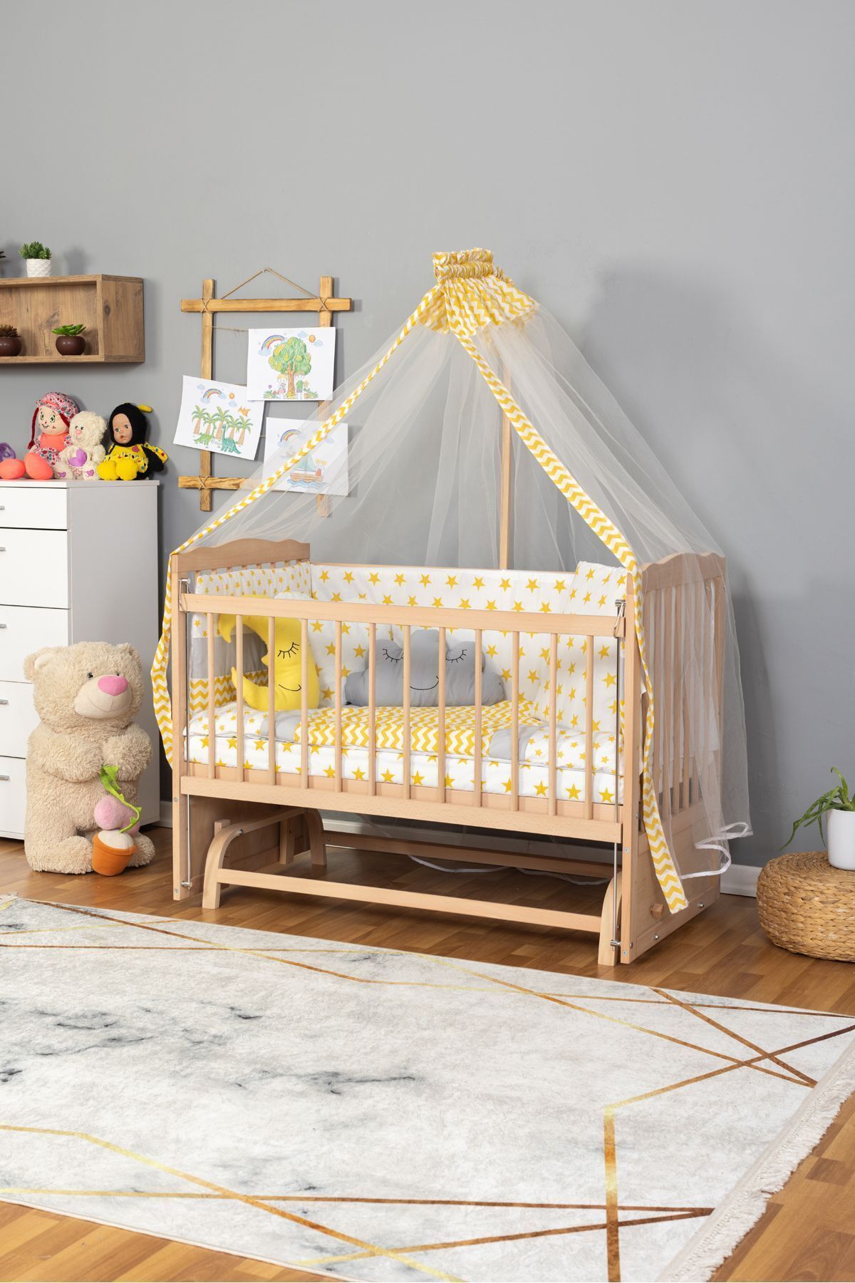 Bamgidoo Doğal Ahşap Beşik Anne Bebek Beşik Organik (BOYASIZ) 60x120 - Sarı Yıldız Uyku Seti Yatak fotoğrafı 2 (önizleme)