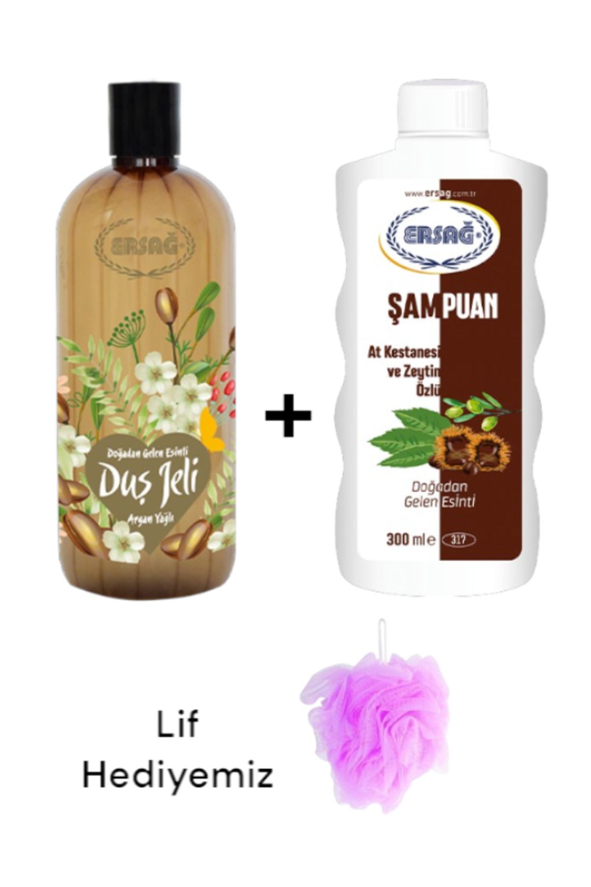 Ersağ At Kestanesi ve Zeytin Özlü Şampuan 300ML+ Argan Yağlı Duş Jeli 500ML - ( Lif Hediye'li ) 317-30
