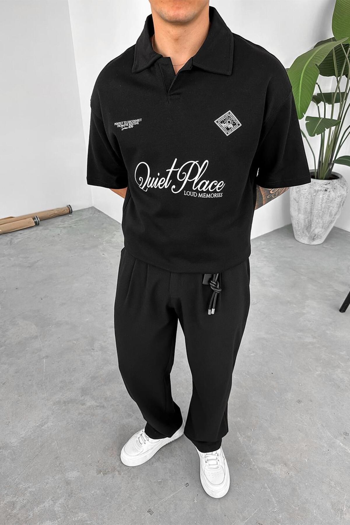 HAFKAGİYİM Siyah Quit Place Baskı Detay Oversize Polo Yaka Tişört