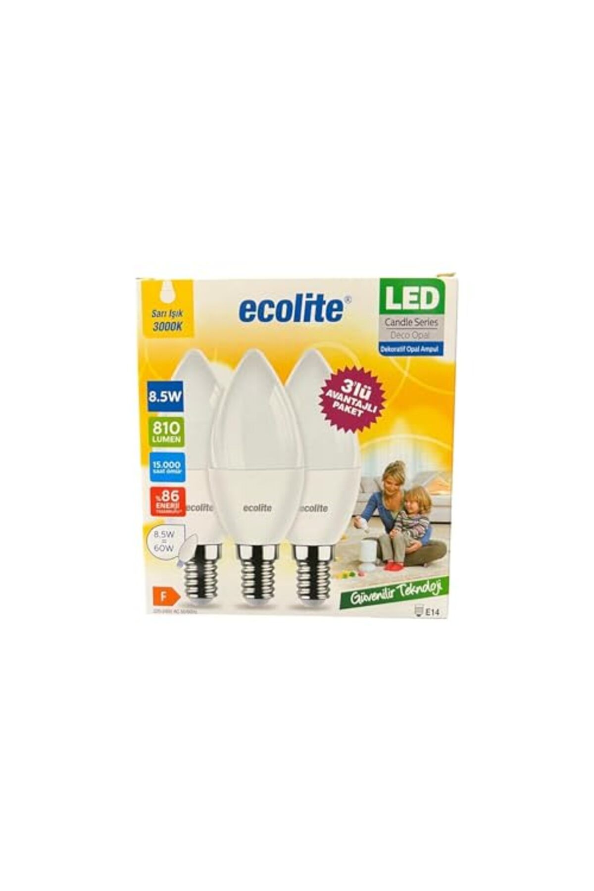 ShopZum Ecolite 8.5W Led Mum Ampul – E14 Duy, 810 Lümen, 3000K Sarı Işık, 60W Eşdeğer, 3’Lü Paket, Opal Dek