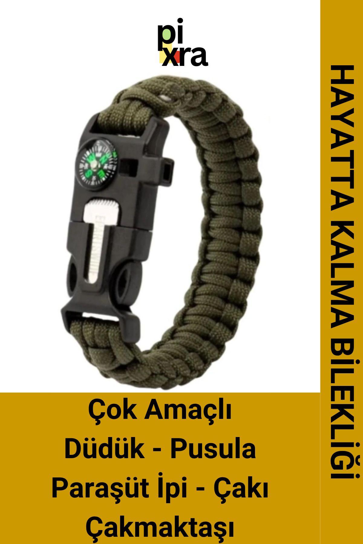 Pixra Hayatta Kalma Bilekliği – Düdük, Çakı, Pusula, Çakmaktaşı, Paraşüt İpi ile 5'i 1 Arada Survival Kiti