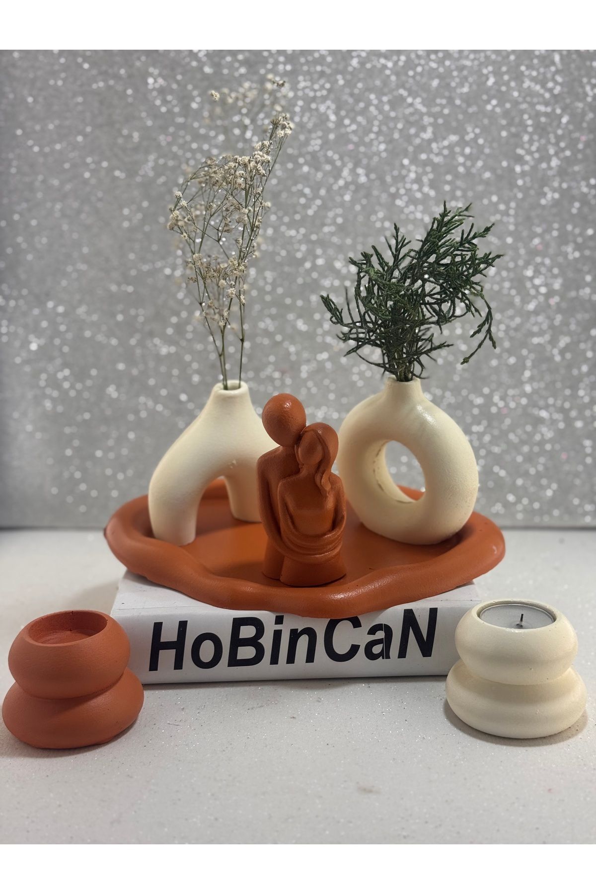BLANJ 2'li Minimal vazo sarılmış sevgili 2 'li tealight mumluk sunumluk bulut tabak ozel set kiremit-krem