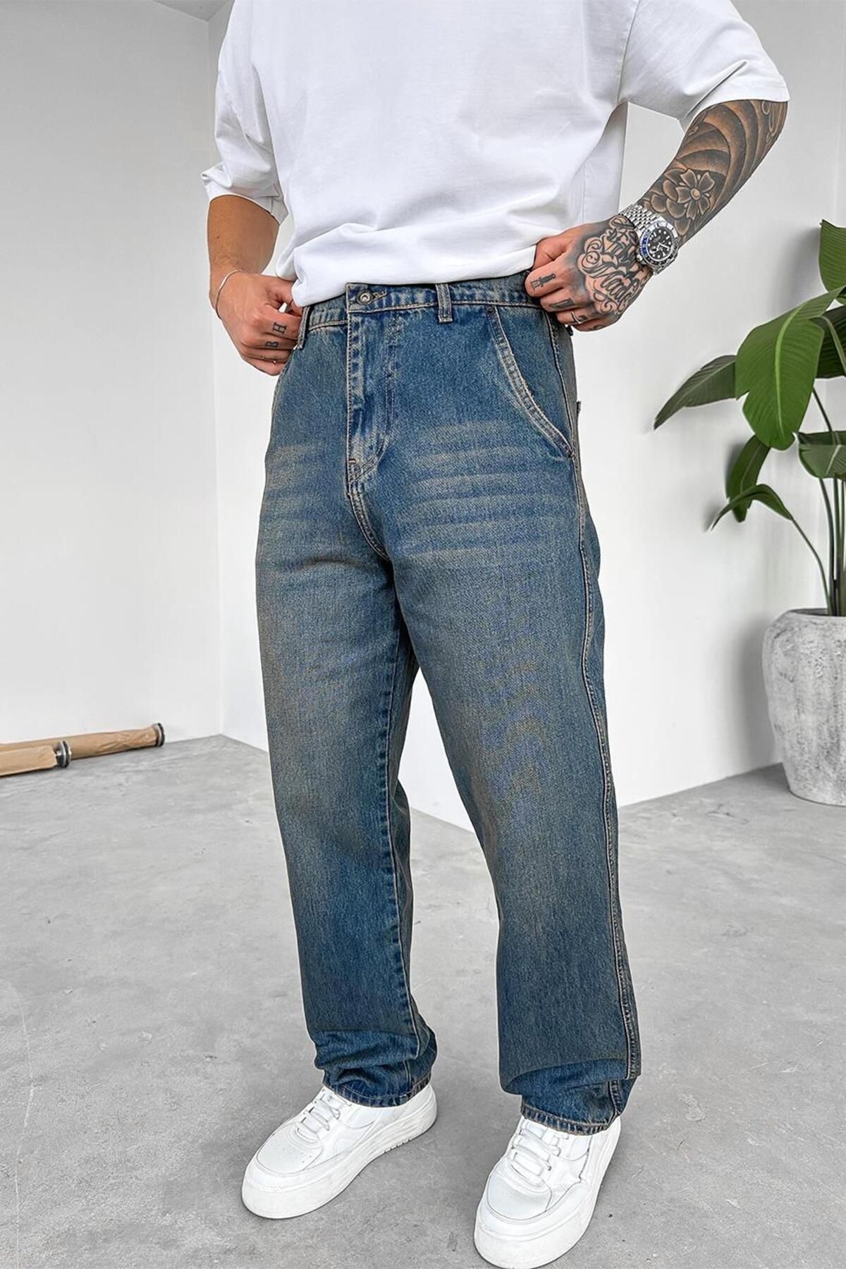 HAFKAGİYİM Eskitme Mavi Yan Cepli Basic Baggy Pantolon