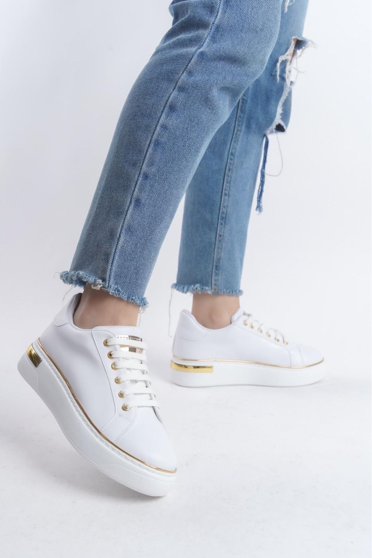 Flexter Kadın Spor Beyaz Sneaker Ayakkabı -Ortopedik Taban-Bağcıklı