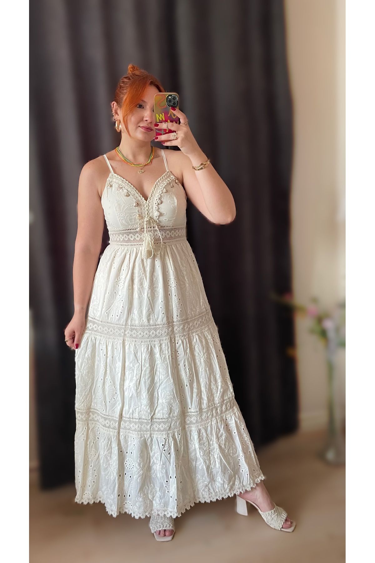 Tumtum Wear Güpürlü aksesuarlı askılı keten elbise