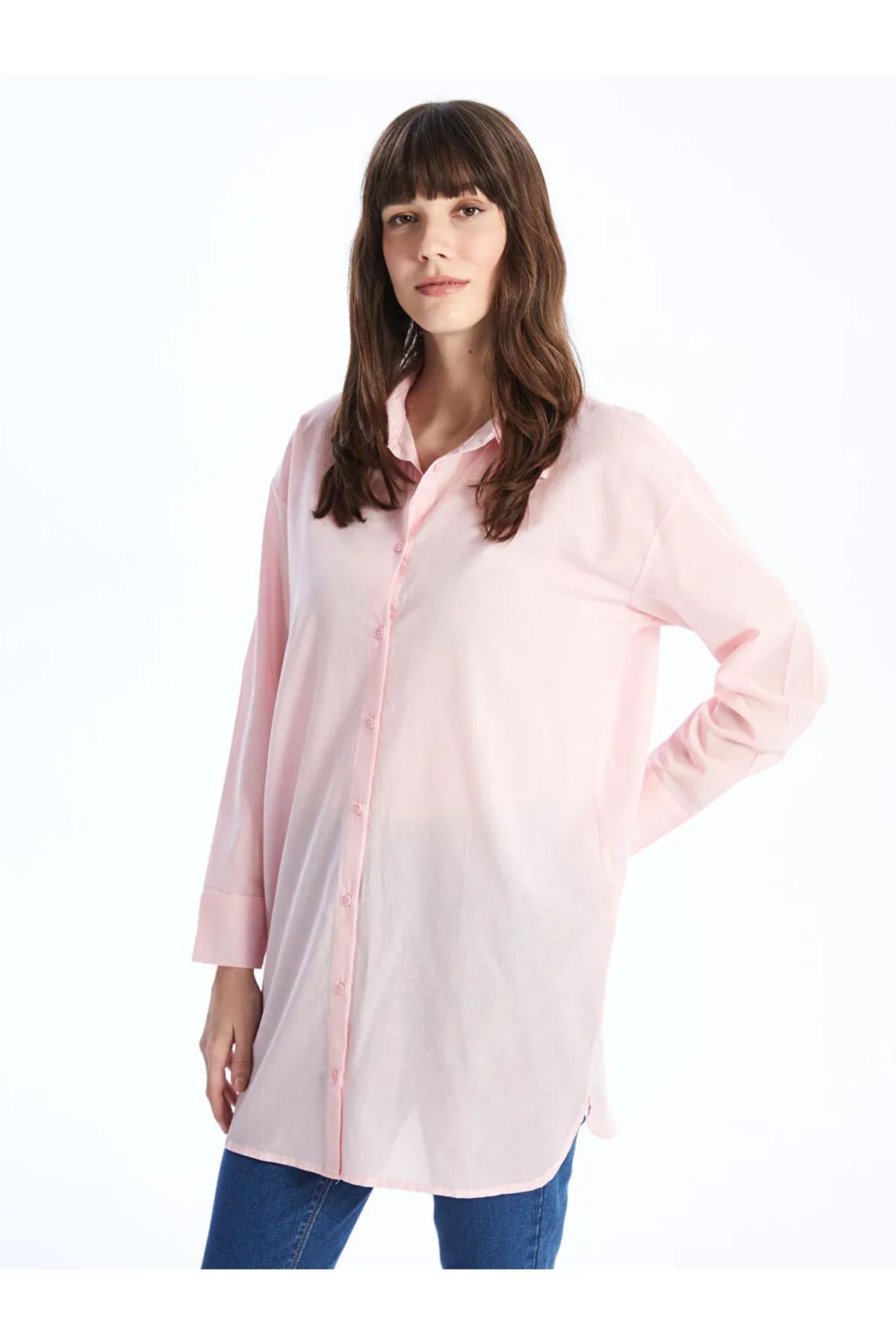 LC Waikiki Pembe Düz Uzun Kollu Oversize Kadın Gömlek Tunik