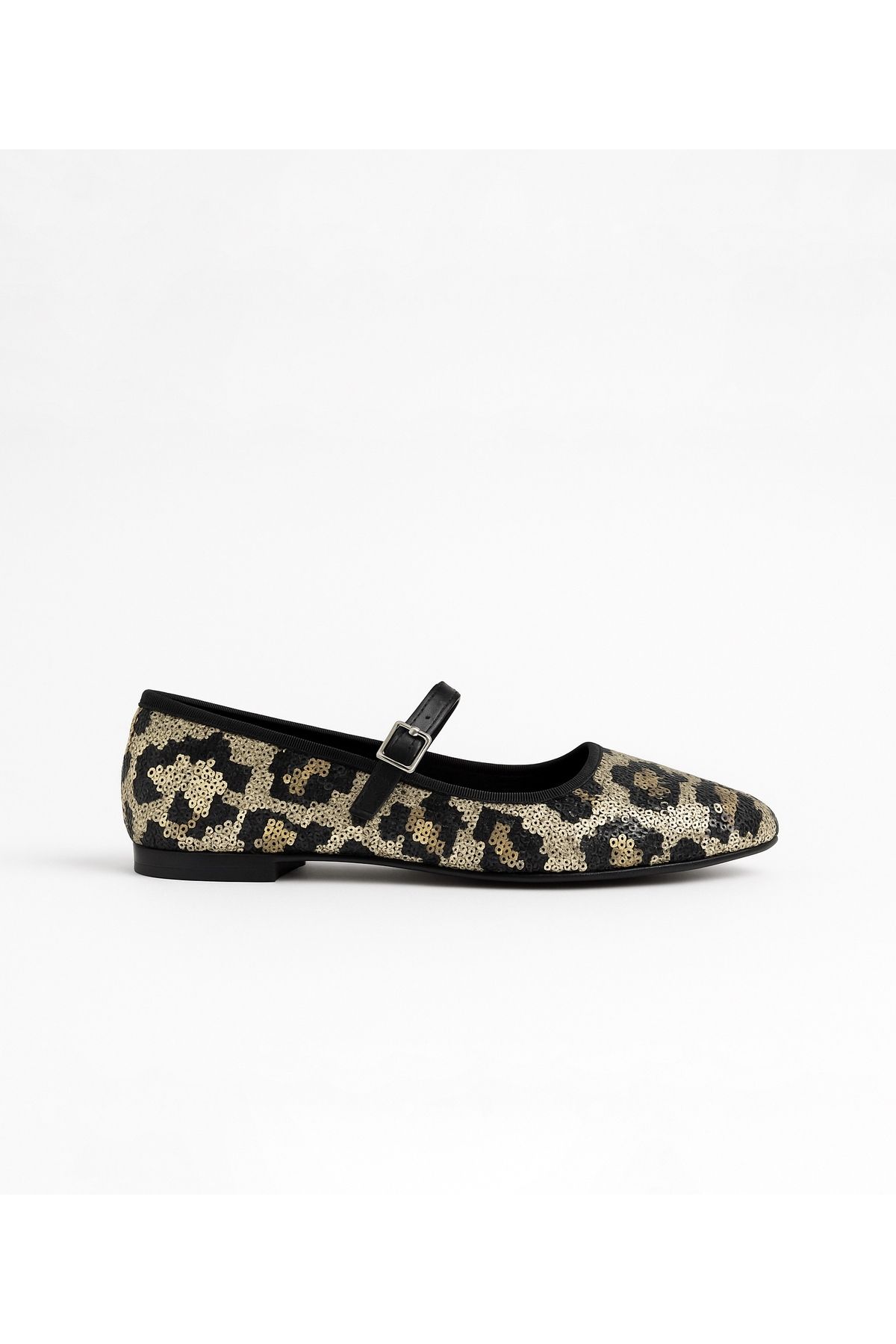 volarescarpe Kadın Günlük Parlak Pullu Leopar Desenli Gold Mary Jane Babet Wild