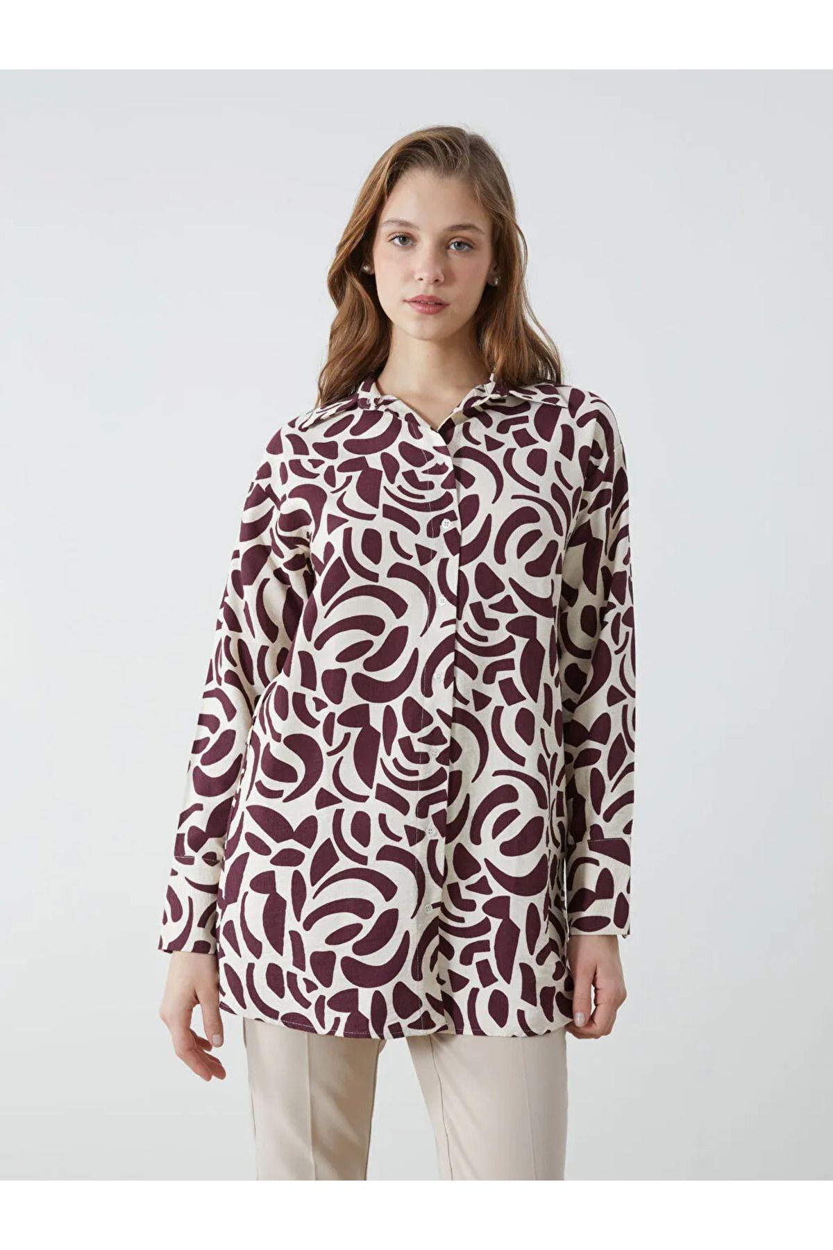 LC Waikiki LCW Modest Kahverengi Desenli Kadın Gömlek Tunik
