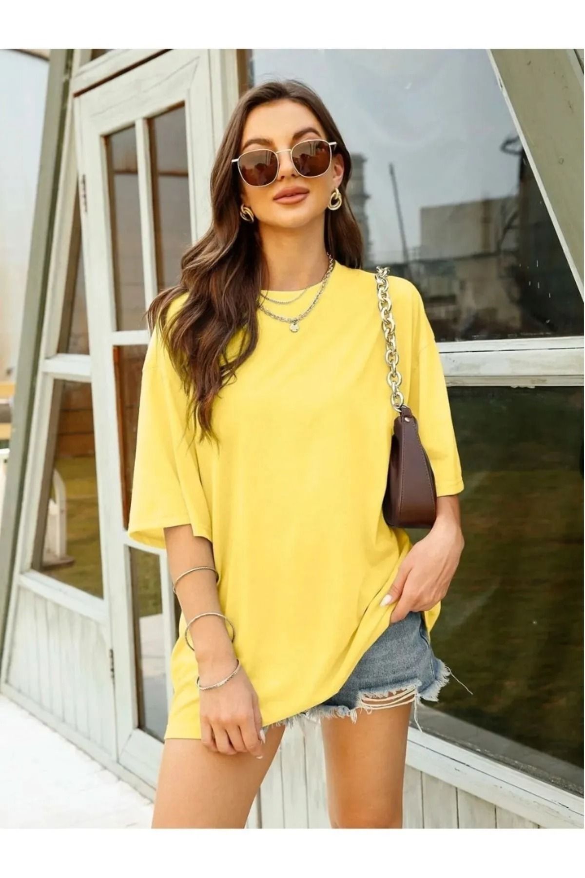 Cotton Candy Süper Kalite Kadın %100 Pamuk Mint Bisiklet Yaka Oversize Boyfriend T-shirt
