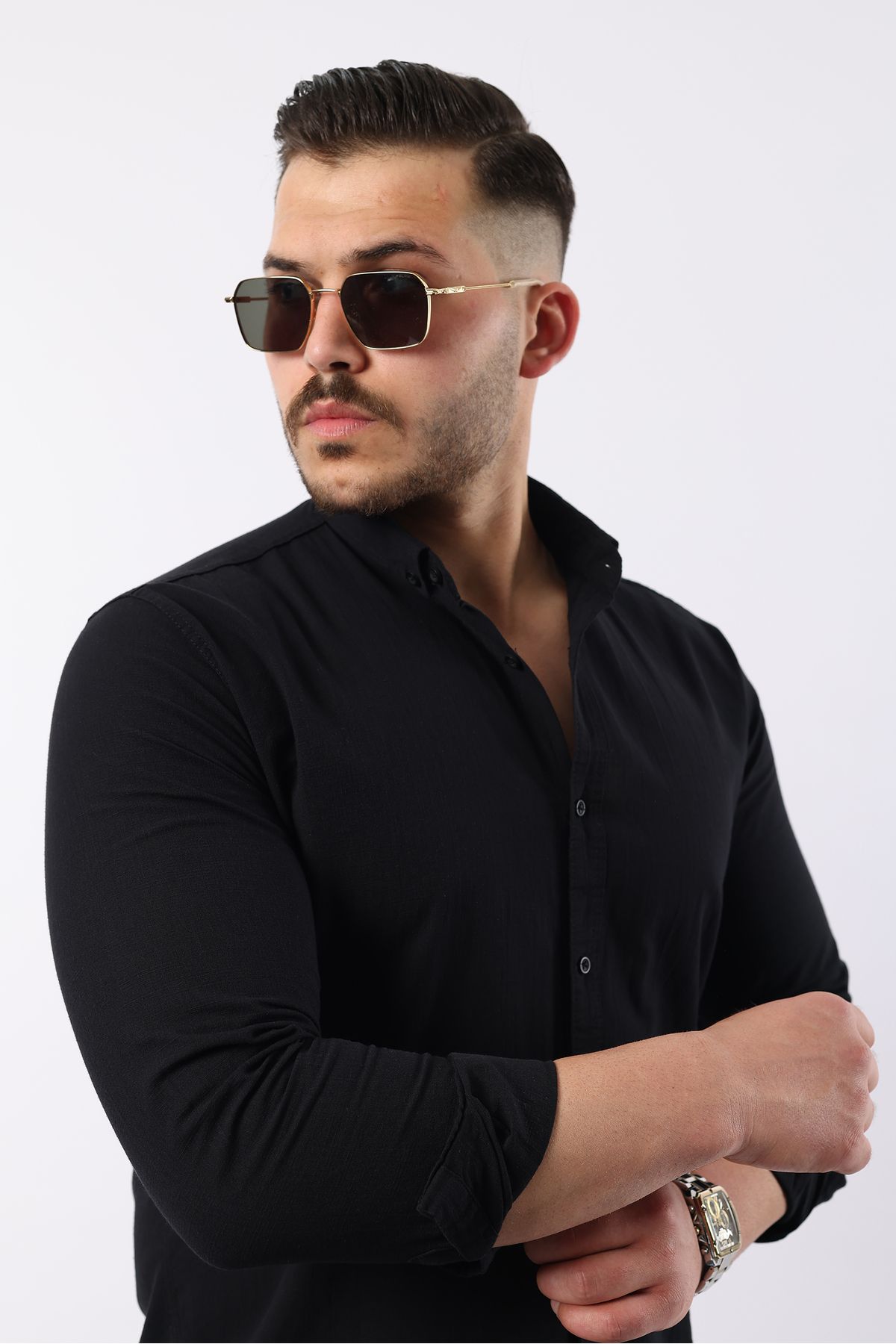Artı1 Yazlık Erkek Slim Fit Dar Kesim Uzun Kollu %100 Pamuk Keten Doku Dügmeli Yaka Gömlek