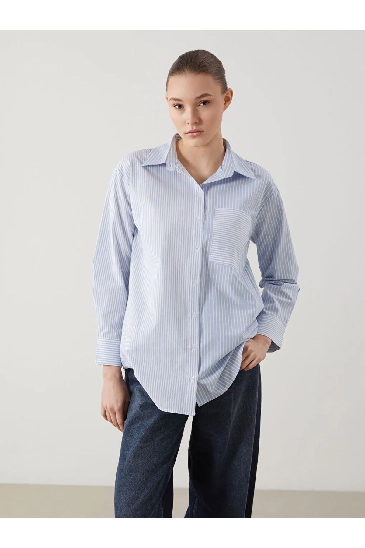 LC Waikiki LCW Modest Mavi Çizgili Poplin Kadın Gömlek Tunik