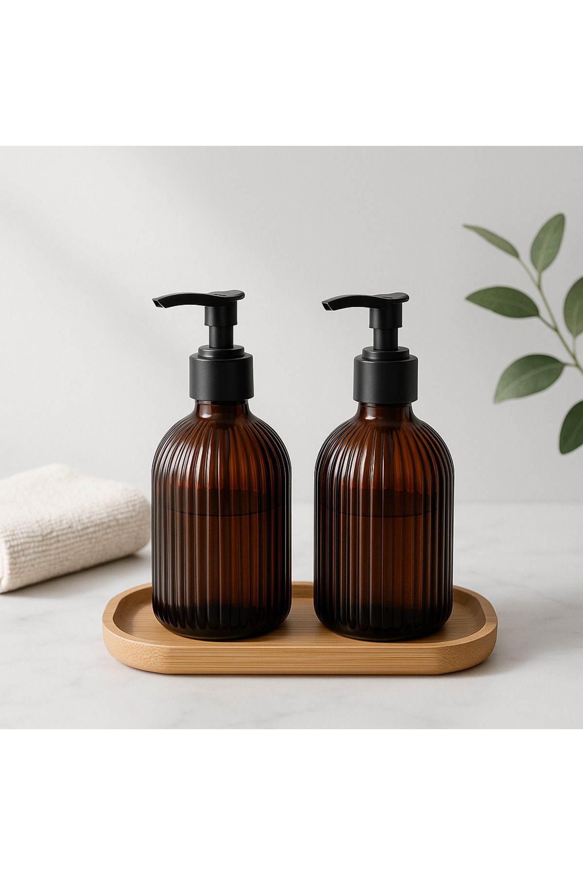 BRE HOME Bambu Standlı Amber Cam Sıvı Sabunluk 400 ml | Siyah Pompalı Origami Çizgili Bulaşık & Sabun Şişesi
