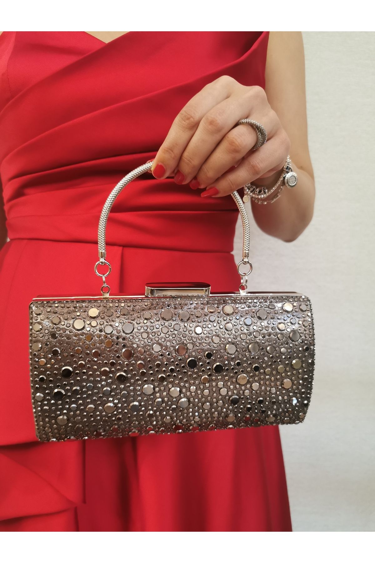NAZART Kadın Taşlı Platin Abiye Clutch Zincir Askılı El Düğün Nişan Gece Omuz Çantası